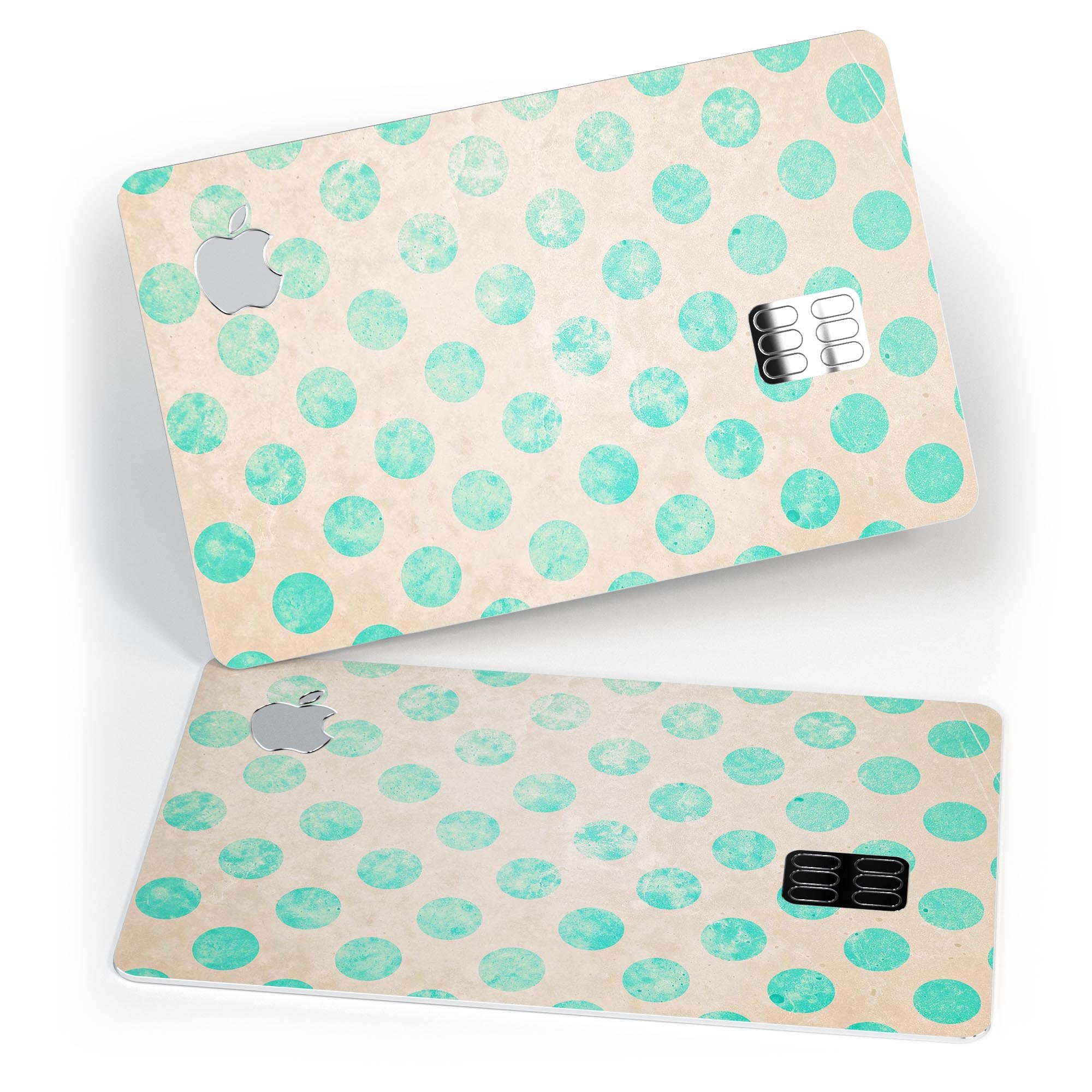 Grungy Teal Polka Dots Premium Protective Decal Skin-Kit for Apple Card, showcasing a stylish design with polka dots.