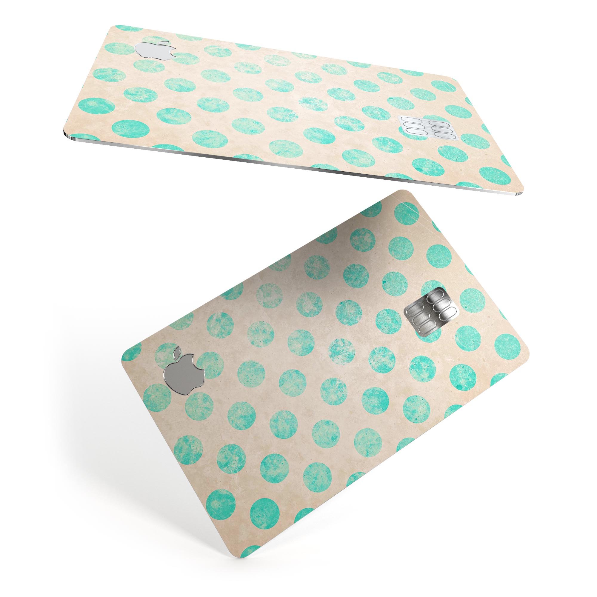 Grungy Teal Polka Dots Premium Protective Decal Skin-Kit for Apple Card, showcasing a stylish design with polka dots.