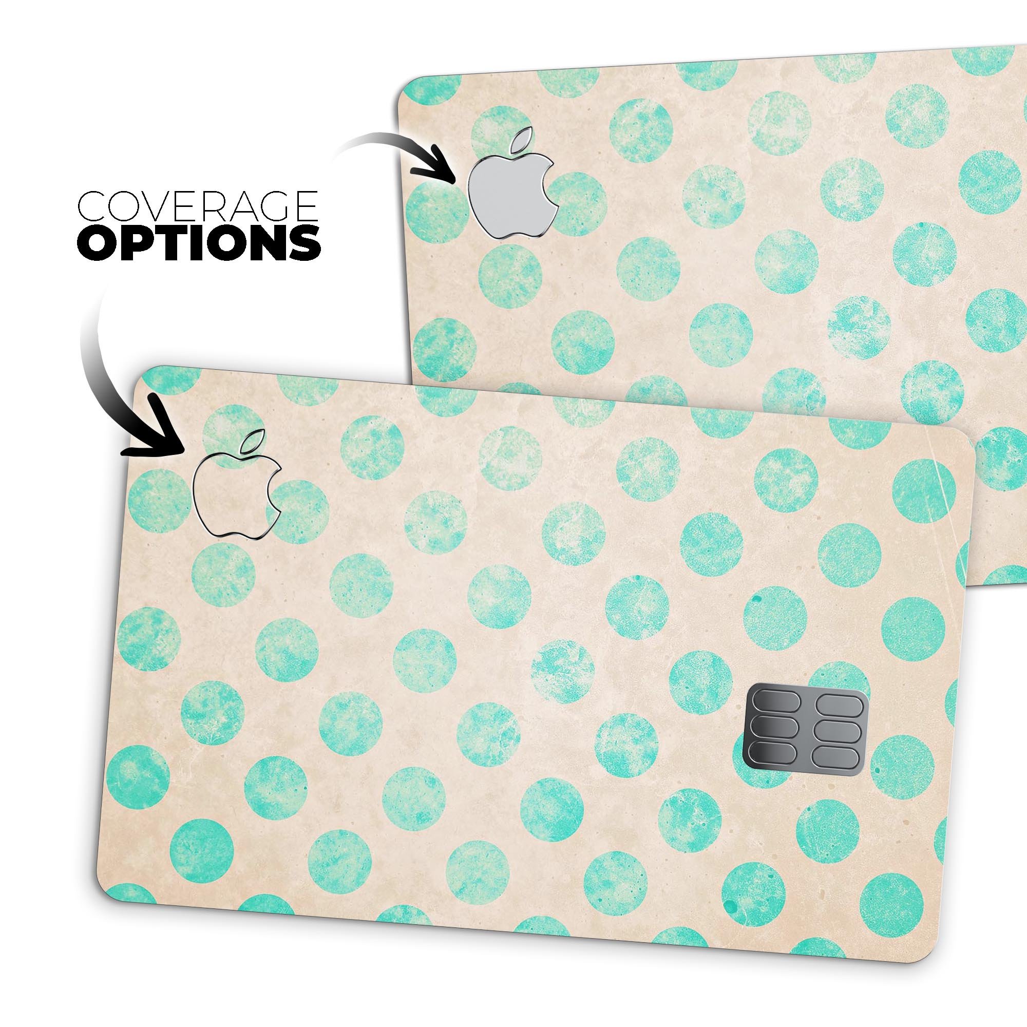 Grungy Teal Polka Dots Premium Protective Decal Skin-Kit for Apple Card, showcasing a stylish design with polka dots.