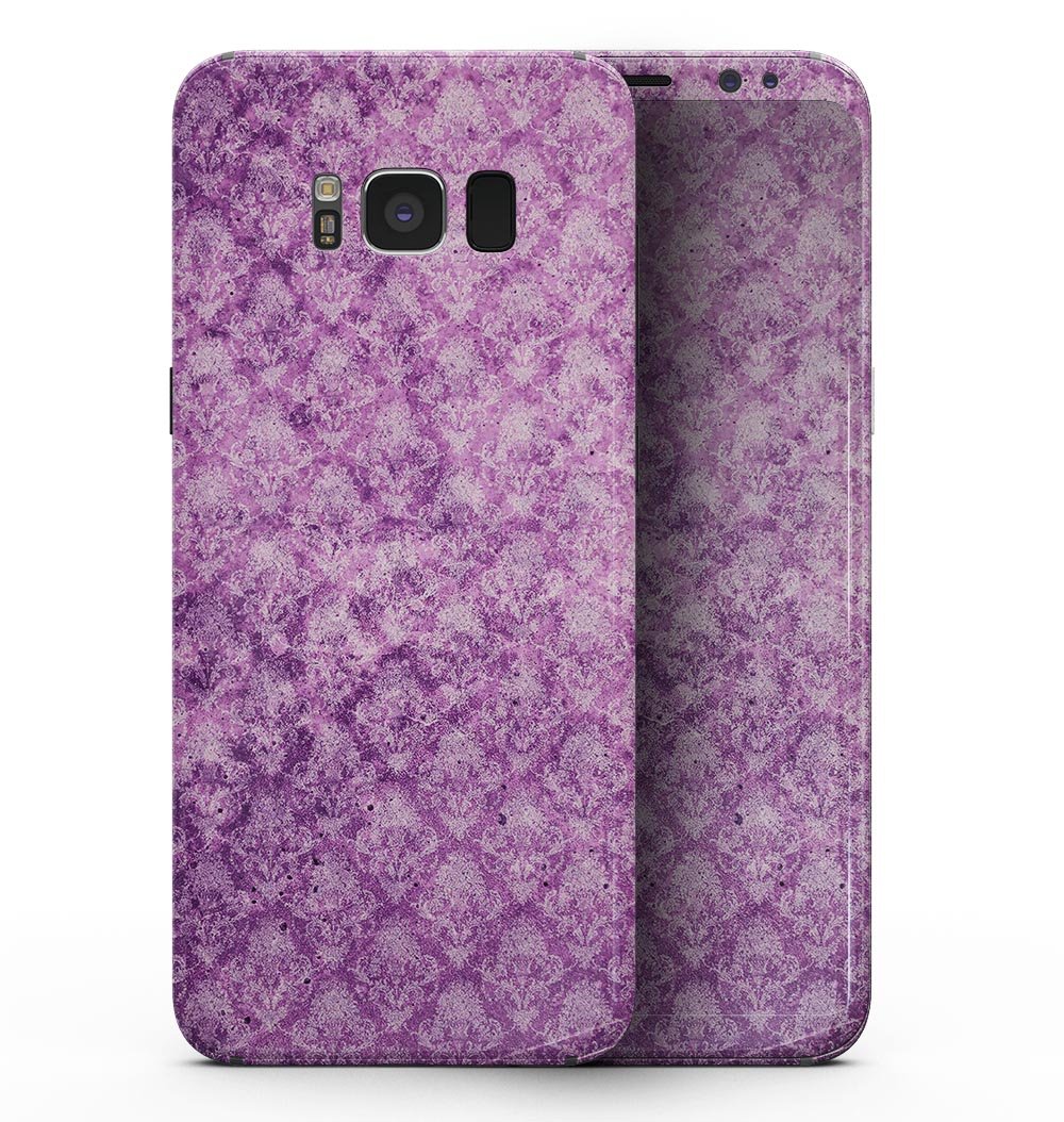 Samsung Galaxy S8 with Grungy Violet Damask Pattern skin, showcasing its stylish design and full-body coverage.