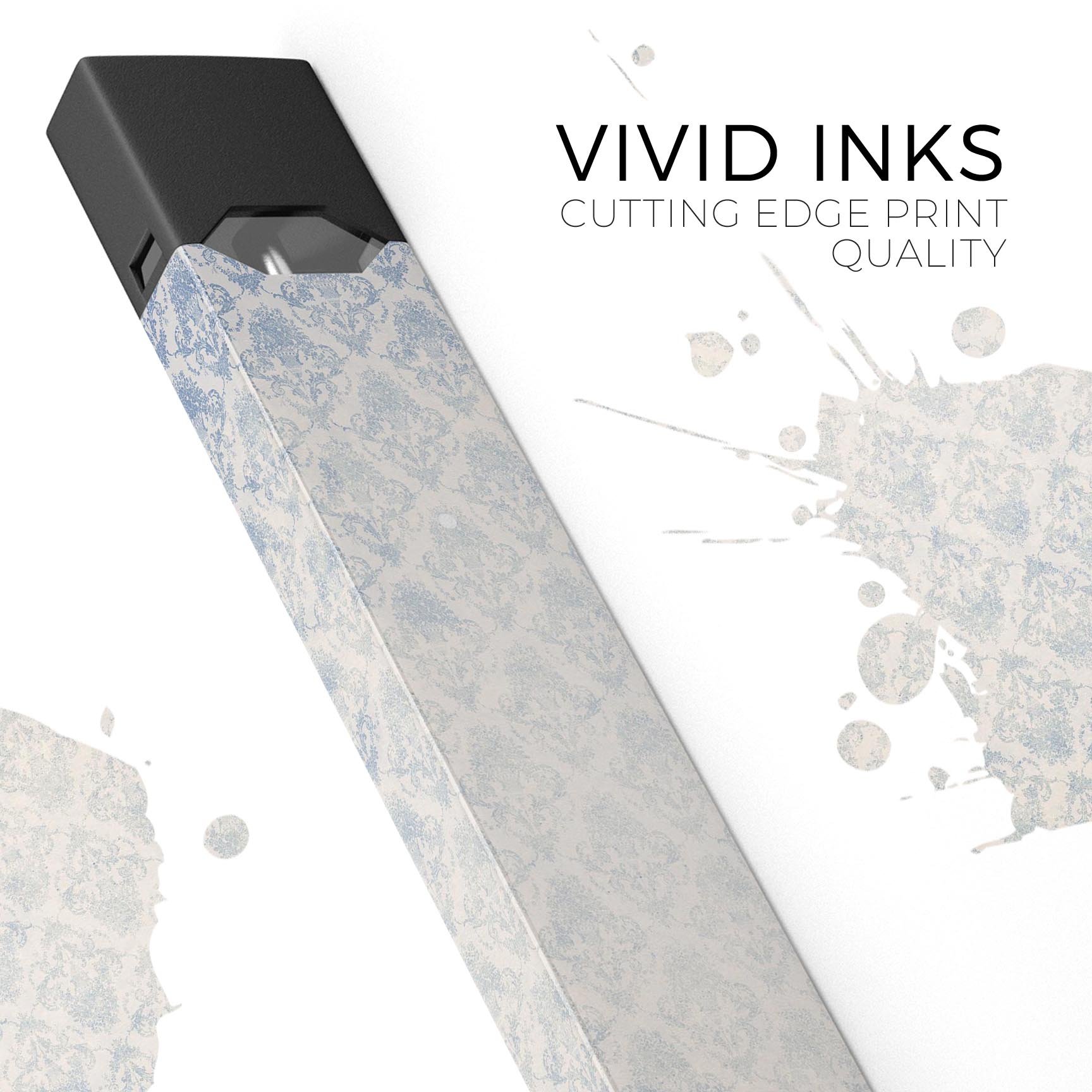 Grungy White and Blue Winter Damask decal skin for JUUL vaping device, showcasing intricate winter damask patterns.