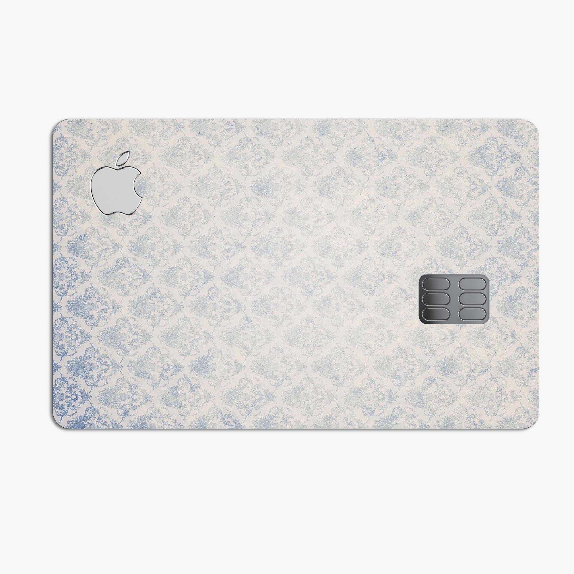 Grungy White and Blue Winter Damask decal on an Apple Card, showcasing its stylish design and premium quality.