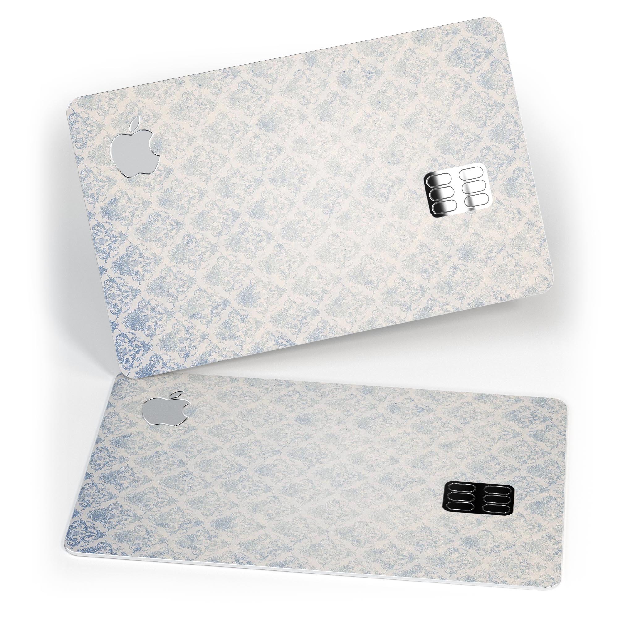 Grungy White and Blue Winter Damask decal on an Apple Card, showcasing its stylish design and premium quality.