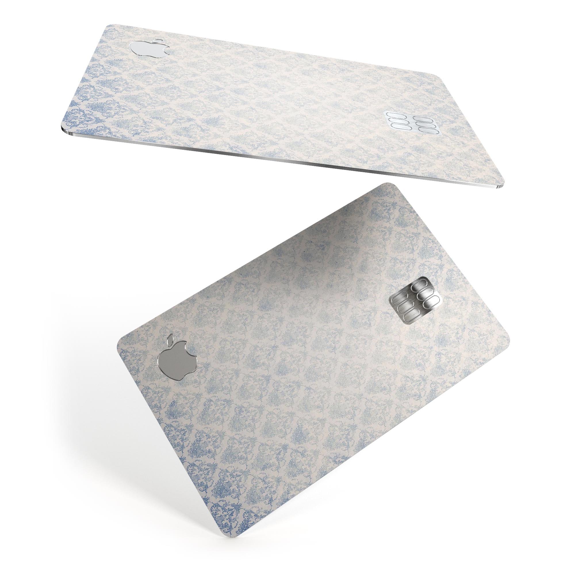 Grungy White and Blue Winter Damask decal on an Apple Card, showcasing its stylish design and premium quality.