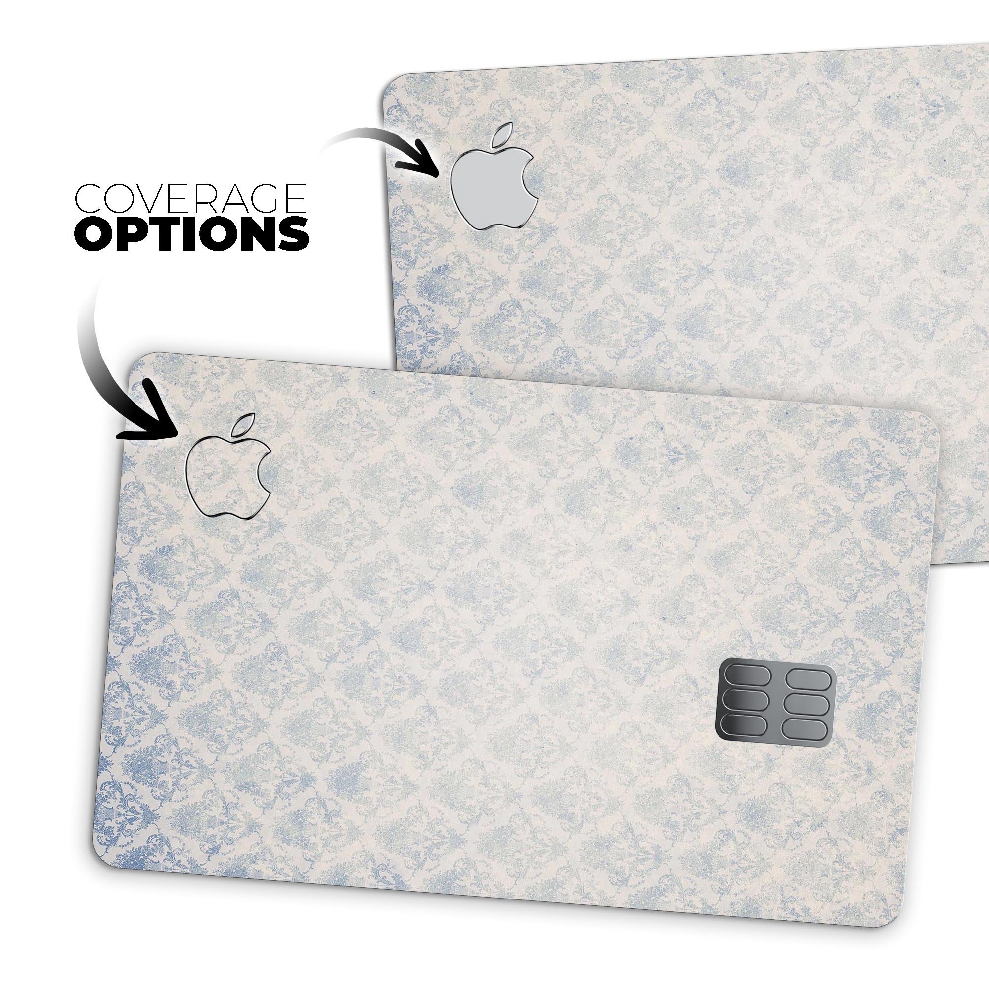 Grungy White and Blue Winter Damask decal on an Apple Card, showcasing its stylish design and premium quality.