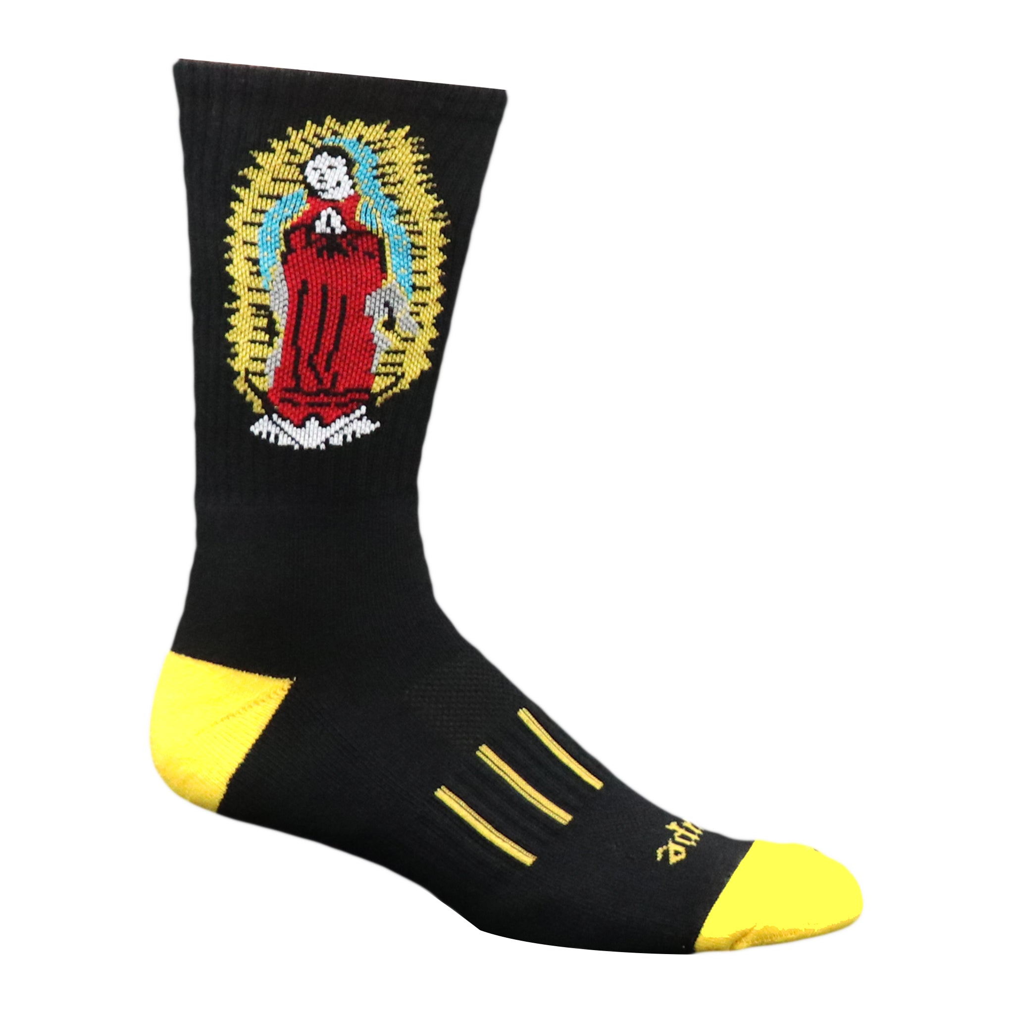 Guadalupe Crew Socks featuring Our Lady of Guadalupe design, showcasing vibrant colors and cultural significance.