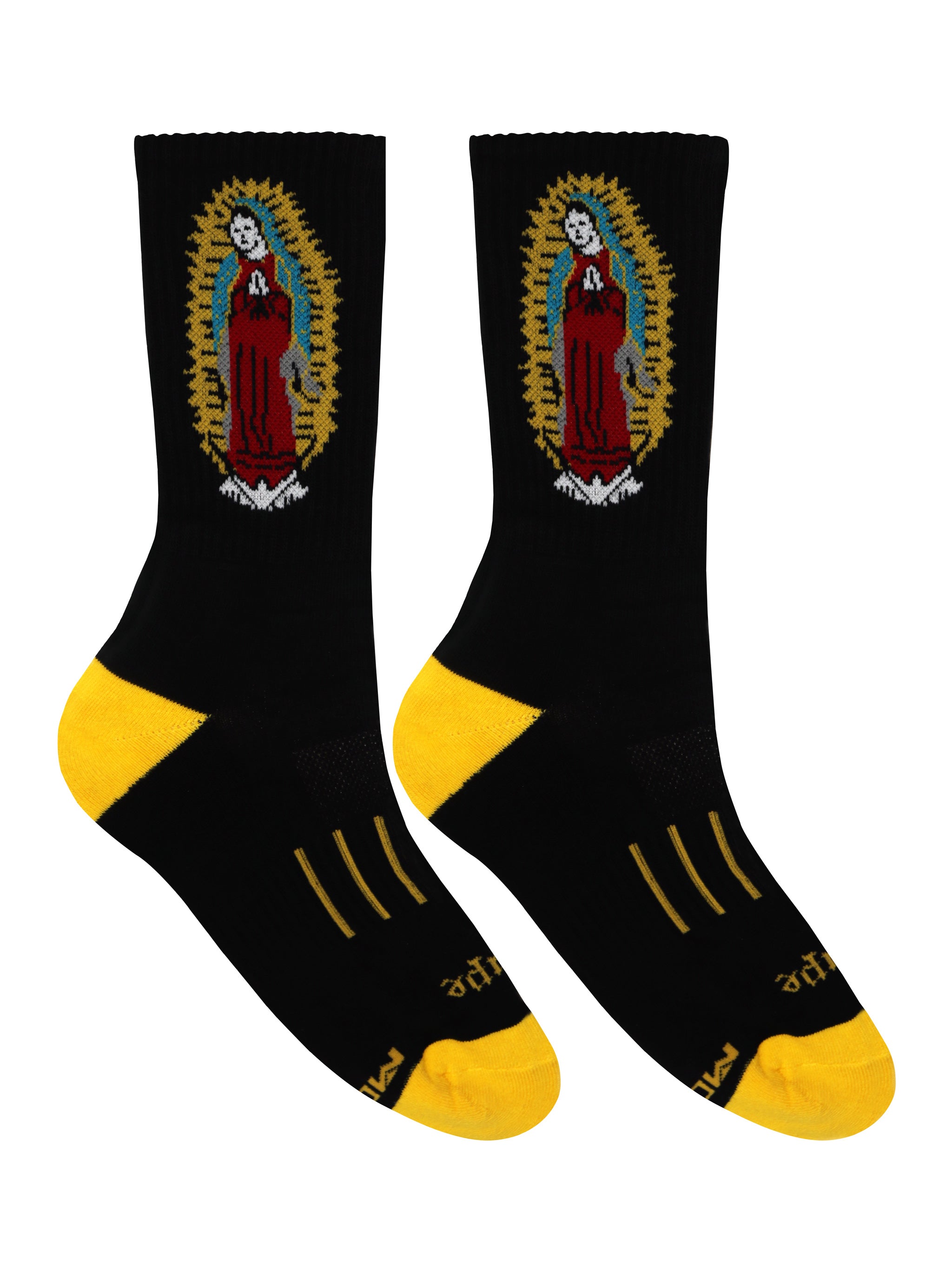 Guadalupe Crew Socks featuring Our Lady of Guadalupe design, showcasing vibrant colors and cultural significance.