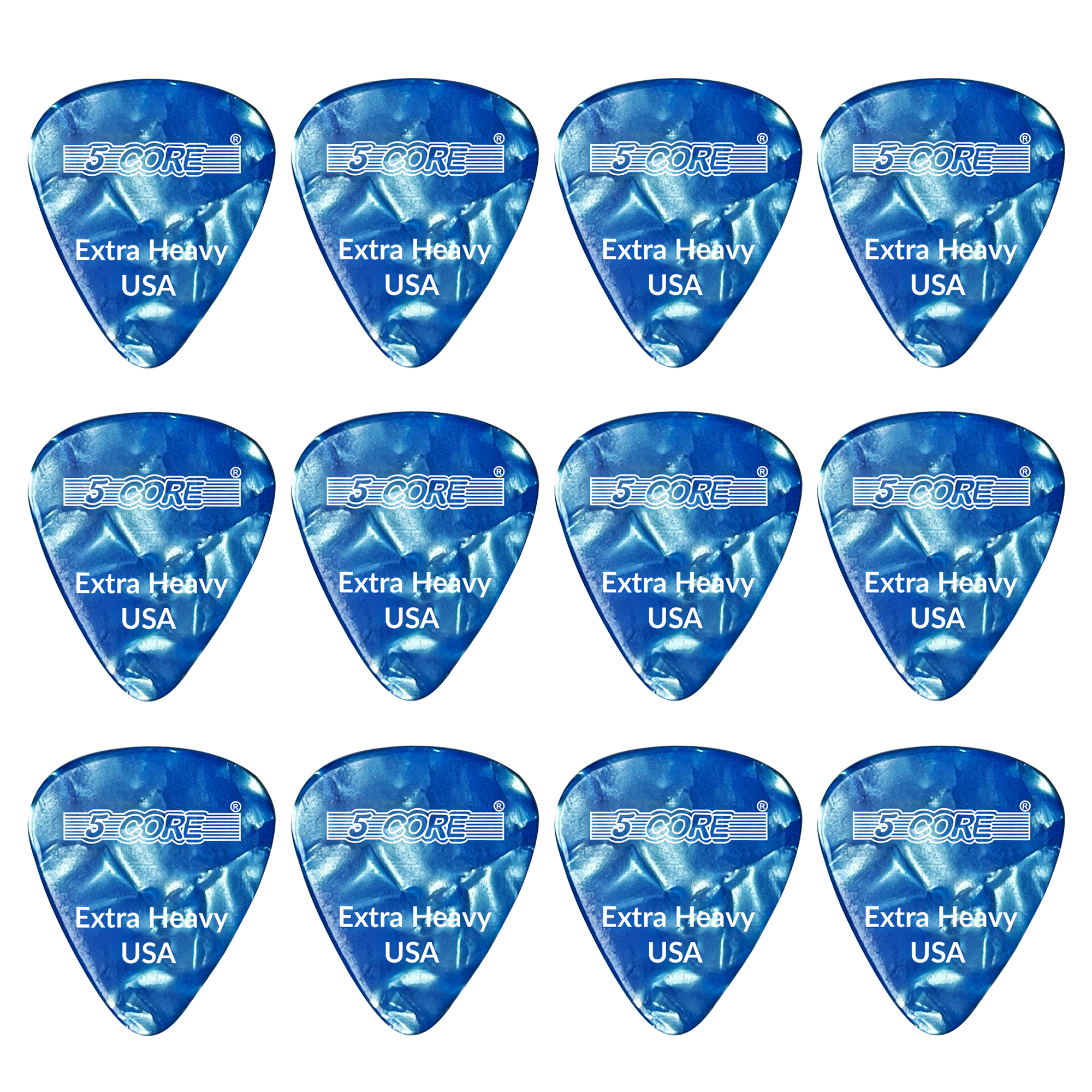 A set of 12 blue extra heavy gauge guitar picks, each 1.2mm thick, displayed in eco-friendly packaging.