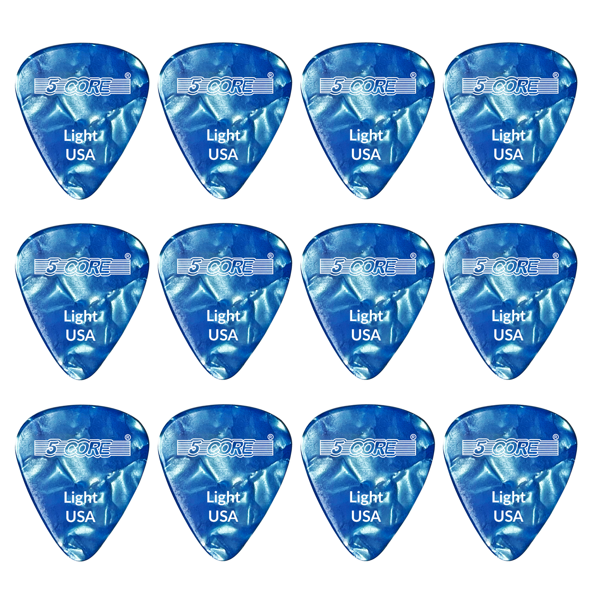 A set of 12 blue medium gauge guitar picks (0.71mm) displayed together, showcasing their vibrant color and smooth finish.