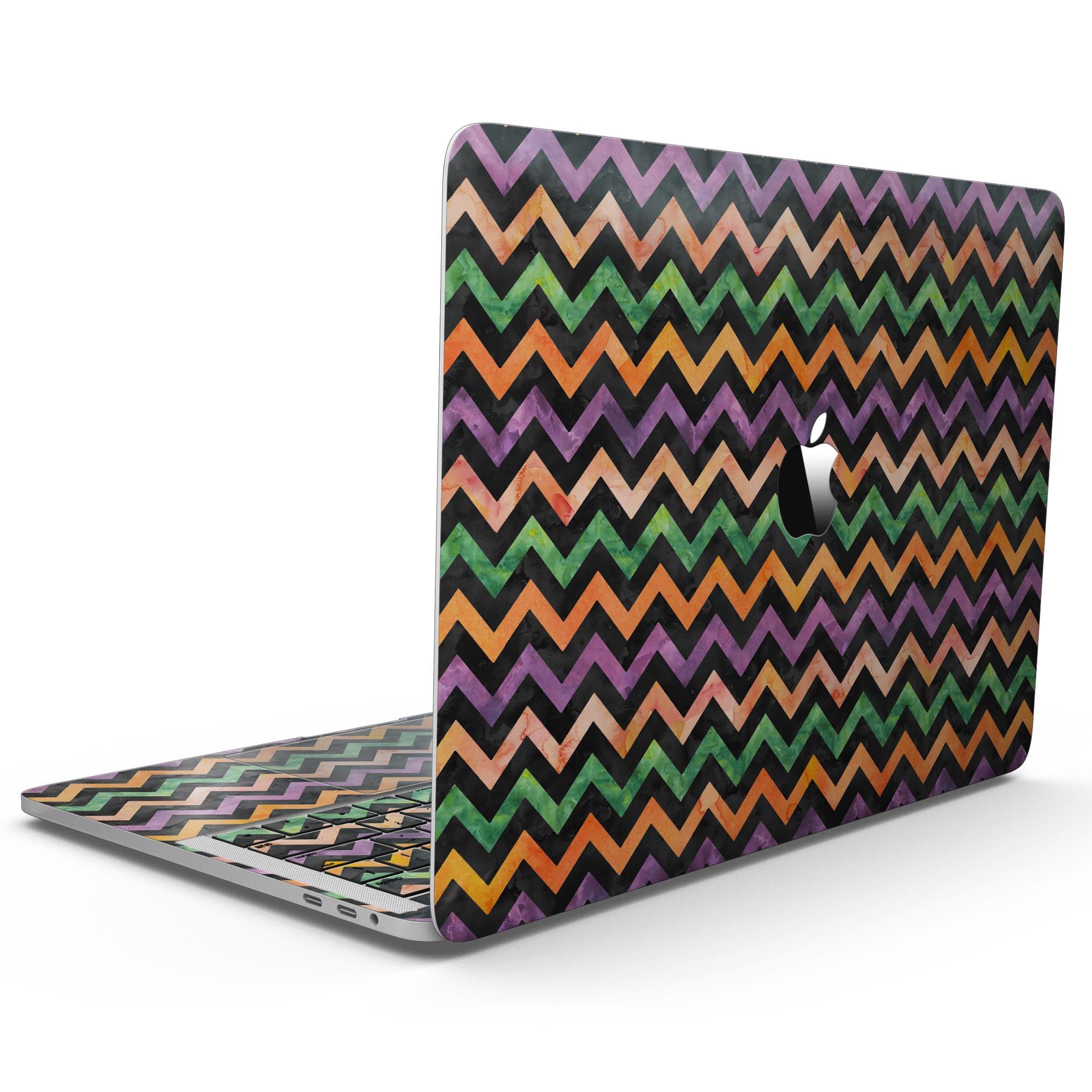 Halloween Watercolor Chevron Pattern skin for 13" MacBook Pro without Touch Bar, showcasing vibrant colors and unique design.