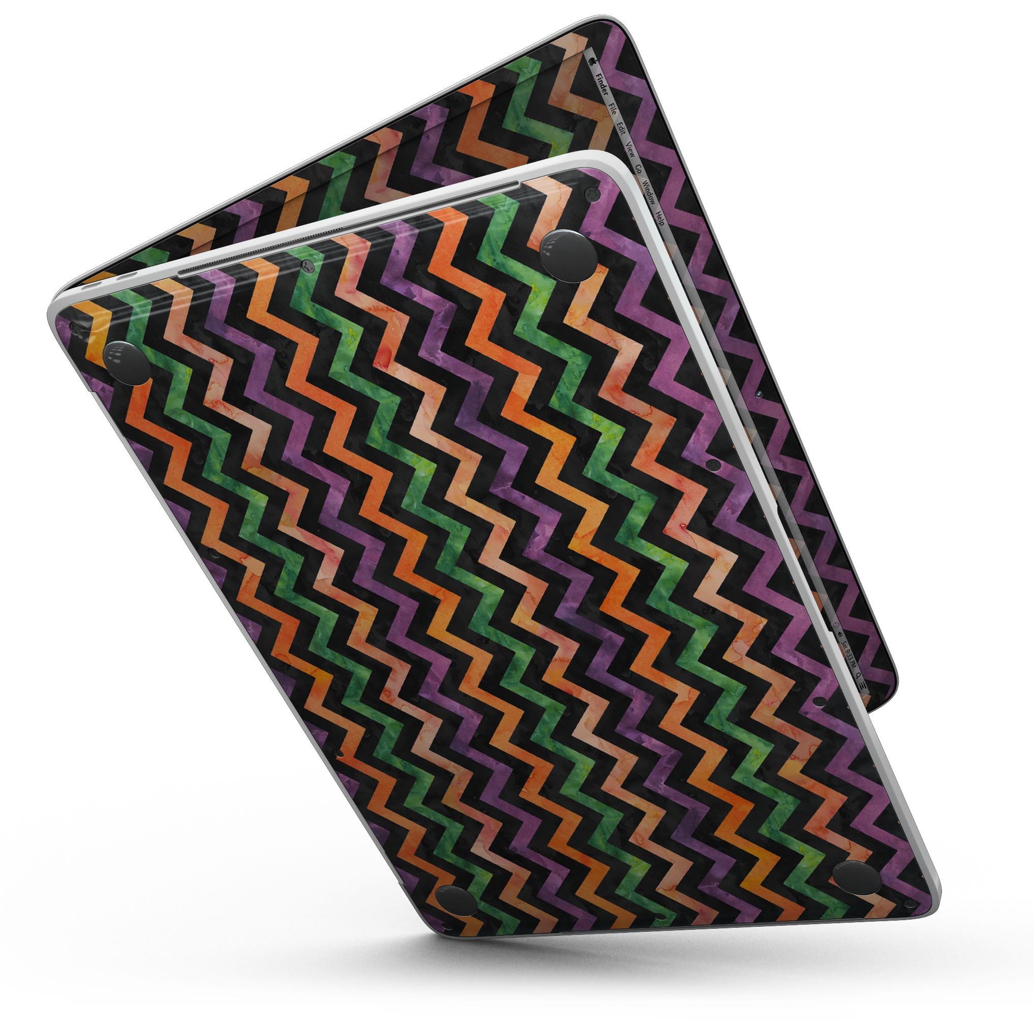 Halloween Watercolor Chevron Pattern skin for 13" MacBook Pro without Touch Bar, showcasing vibrant colors and unique design.