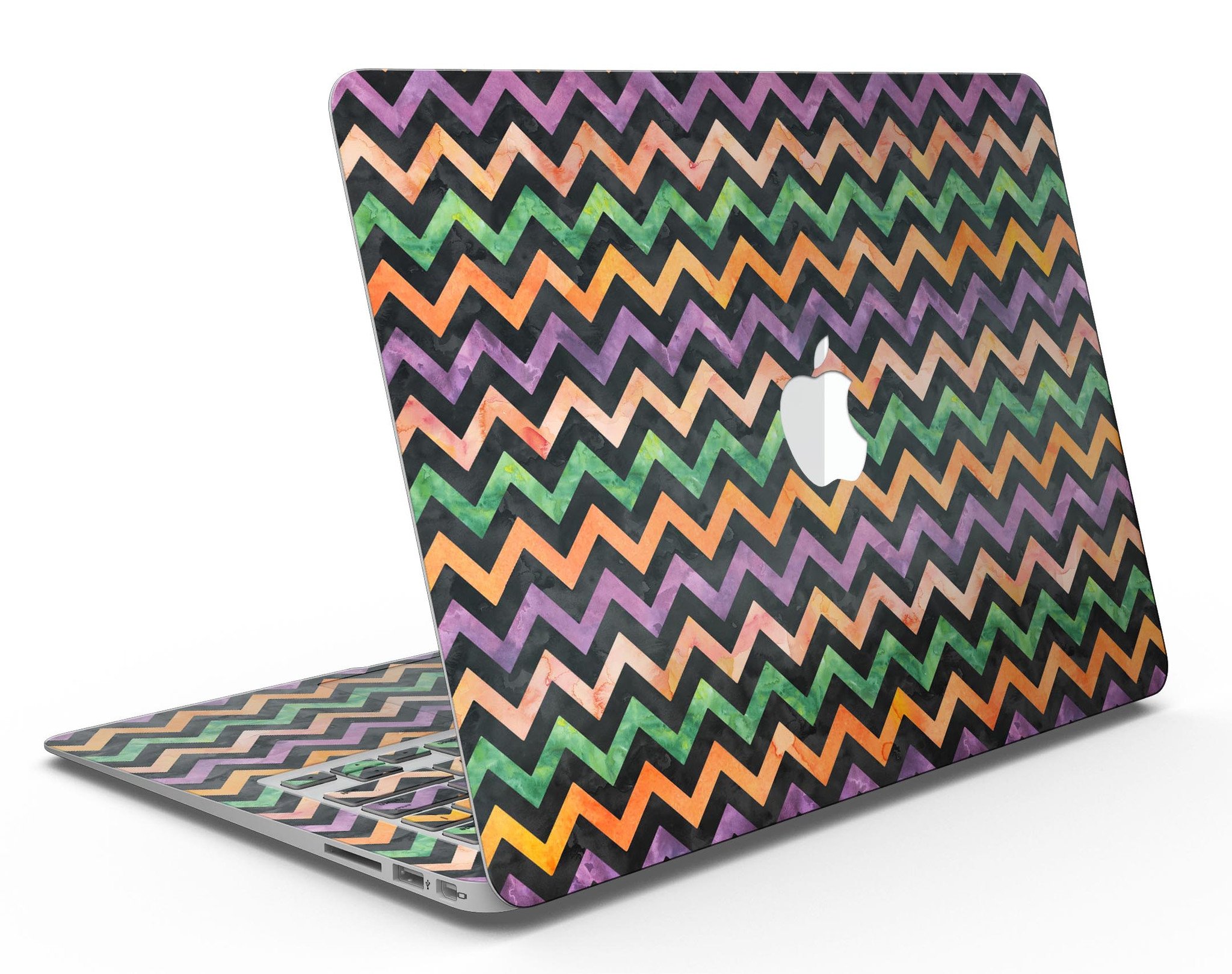 Halloween Watercolor Chevron Pattern MacBook Air Skin Kit showcasing vibrant colors and unique design.