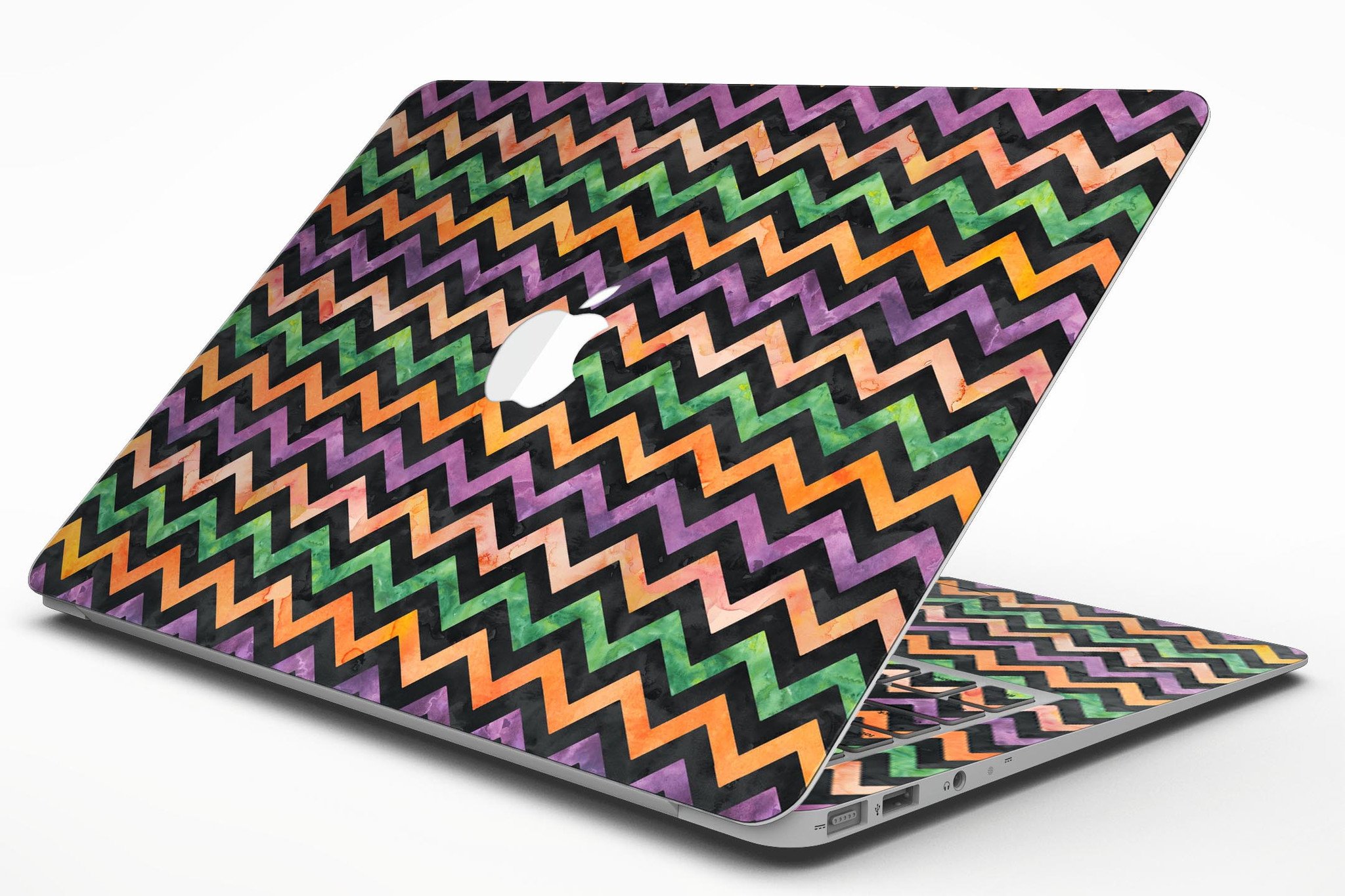 Halloween Watercolor Chevron Pattern MacBook Air Skin Kit showcasing vibrant colors and unique design.