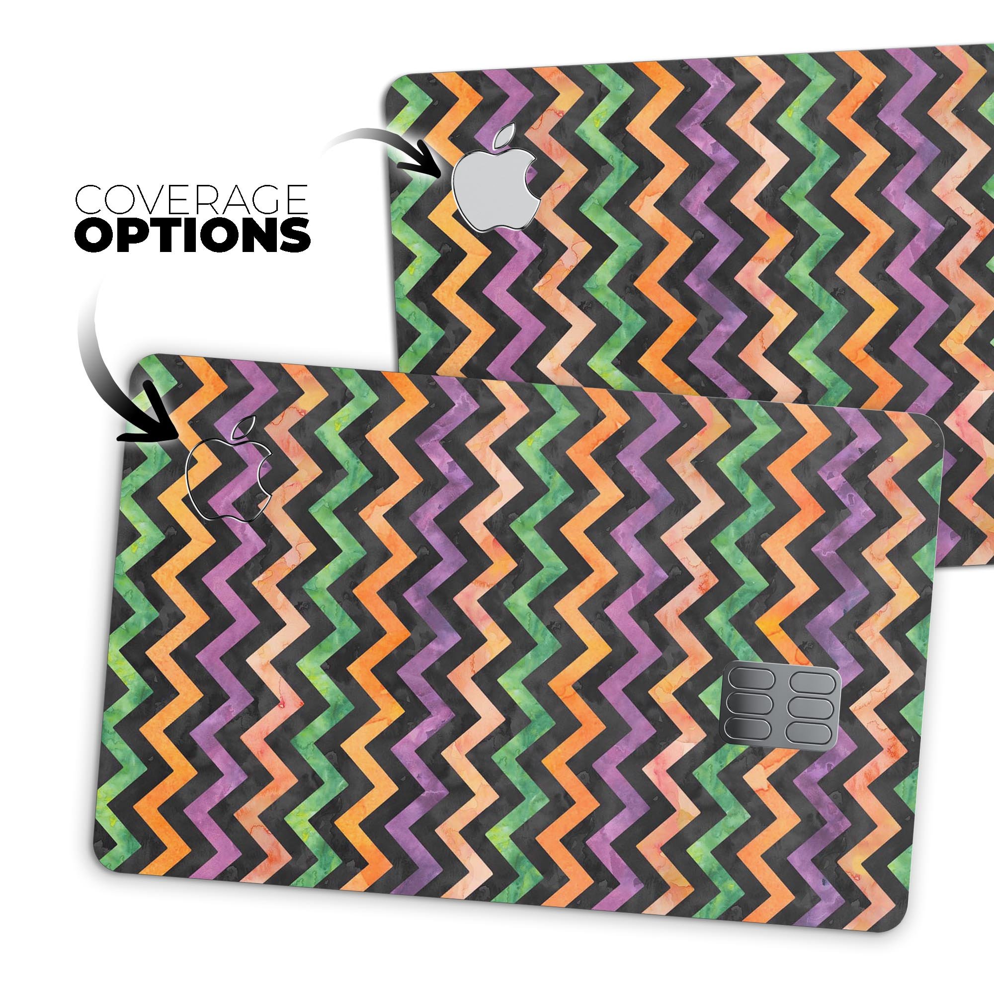 Halloween Watercolor Chevron Pattern decal for Apple Card, showcasing vibrant colors and a stylish design.