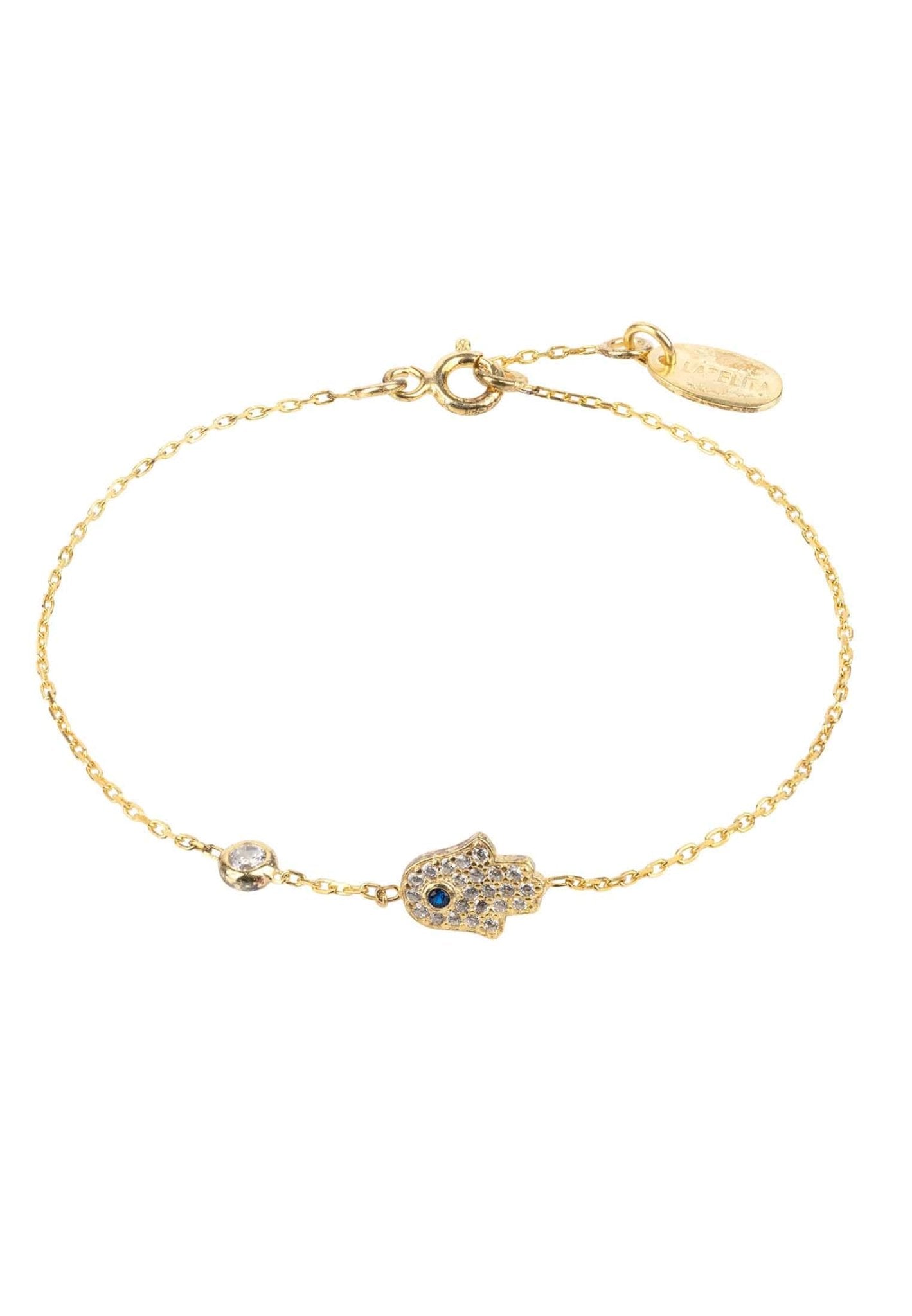 A stylish Hamsa Hand Bracelet made of 925 sterling silver, featuring white zircons and available in gold, rosegold, or rhodium finishes.