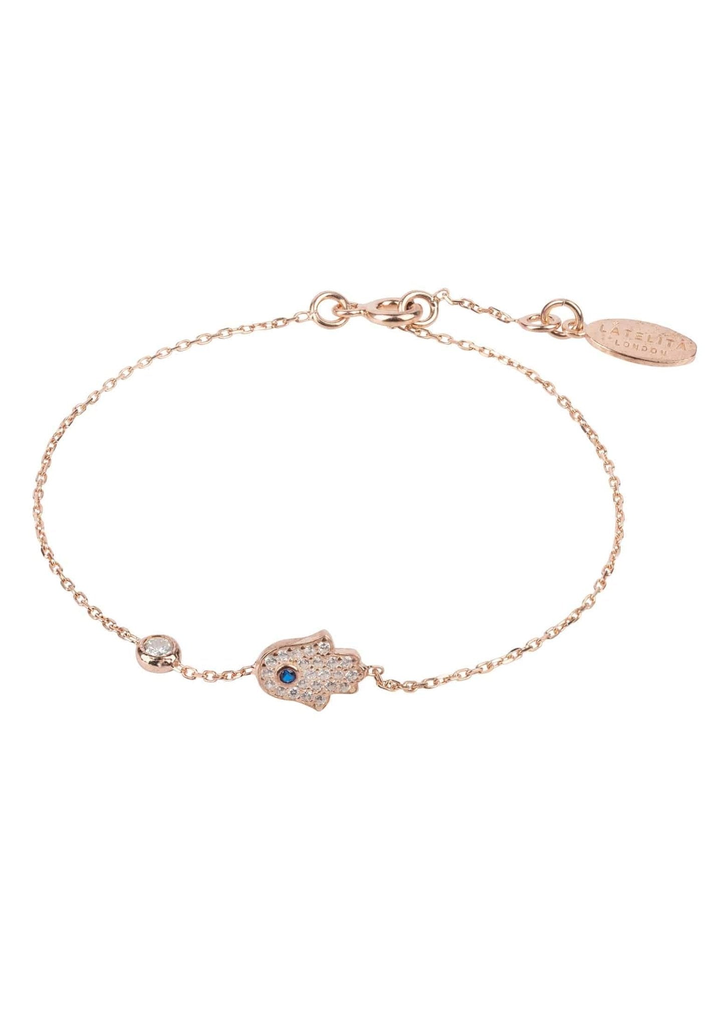 A stylish Hamsa Hand Bracelet made of 925 sterling silver, featuring white zircons and available in gold, rosegold, or rhodium finishes.