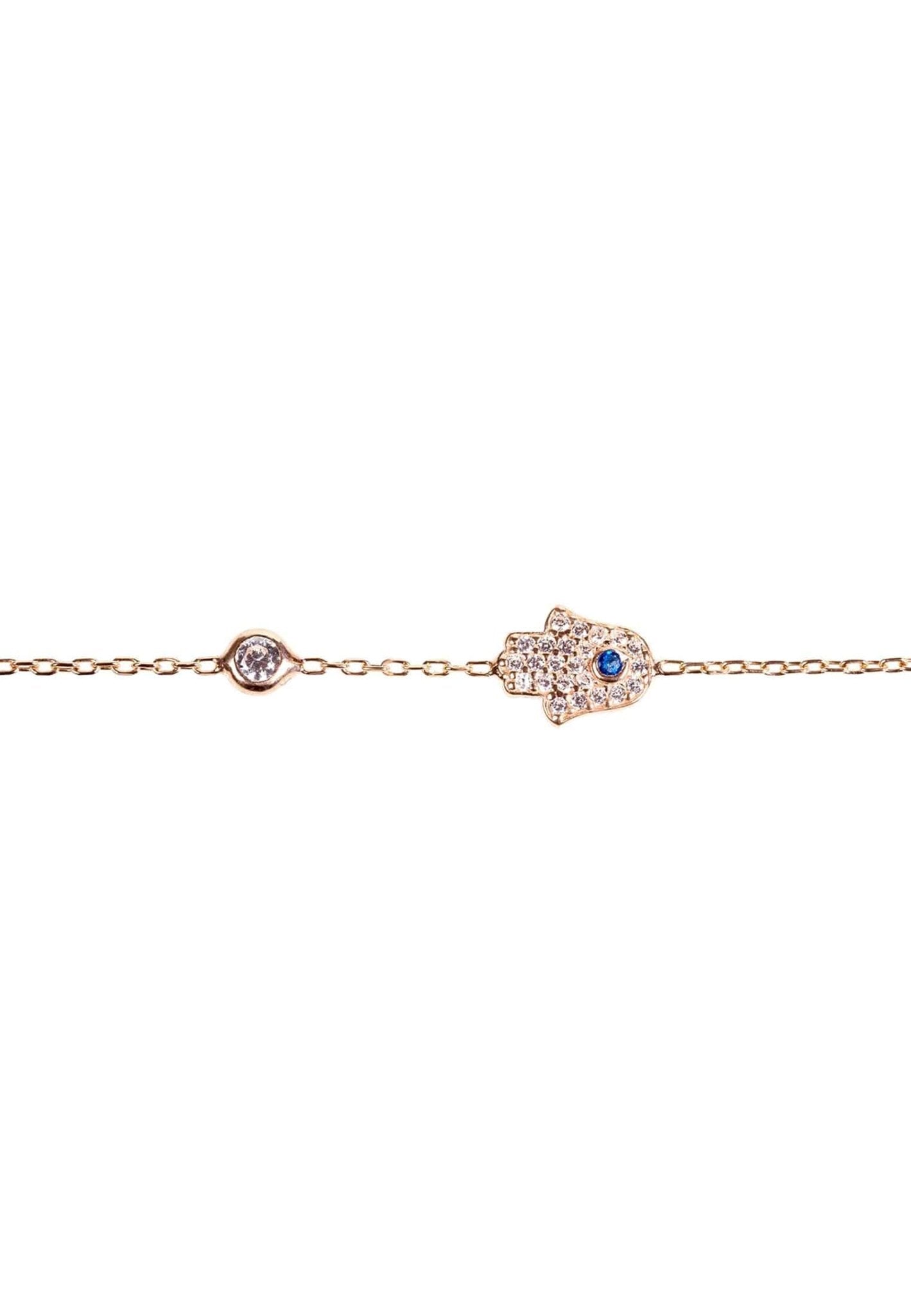 A stylish Hamsa Hand Bracelet made of 925 sterling silver, featuring white zircons and available in gold, rosegold, or rhodium finishes.