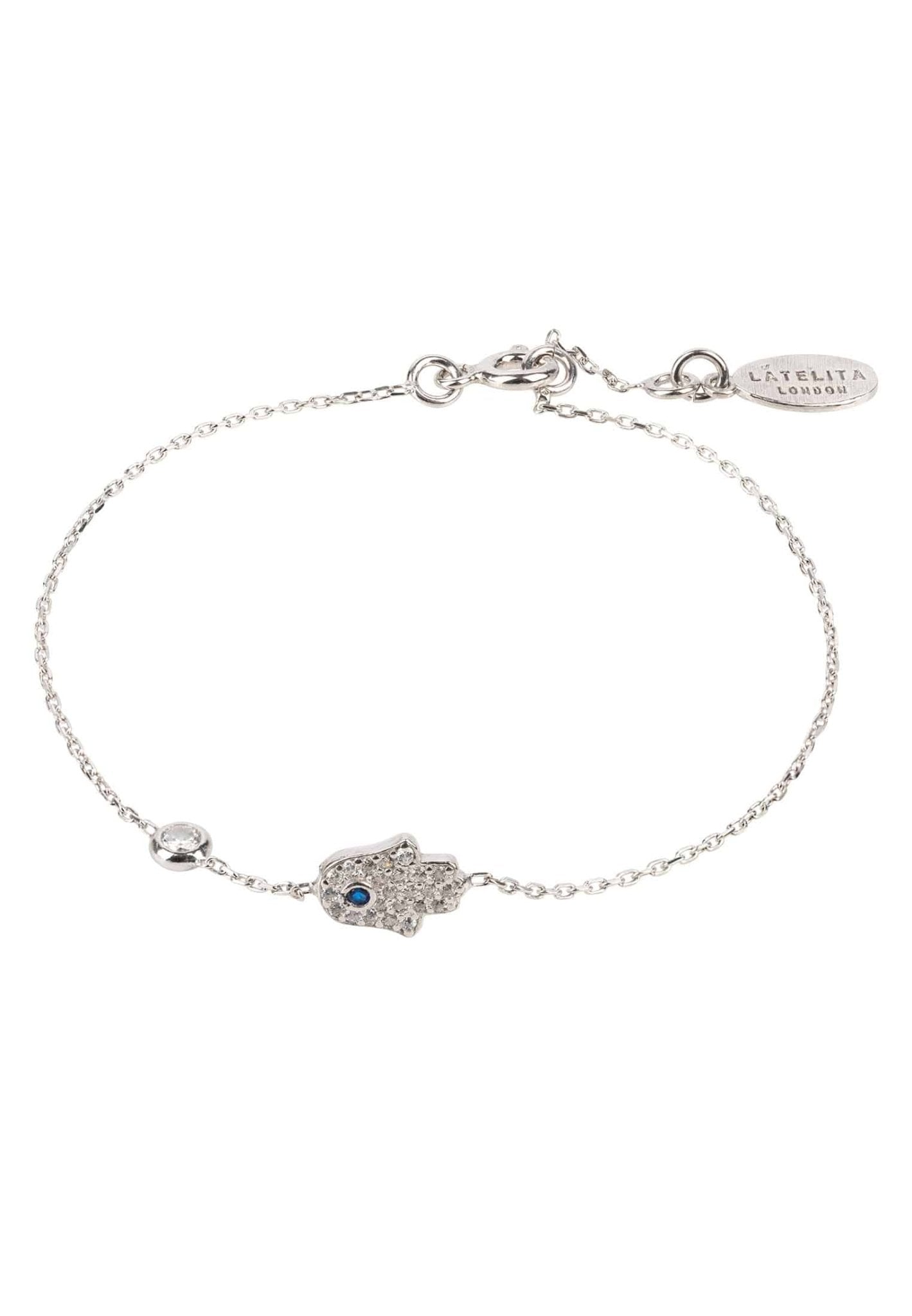 A stylish Hamsa Hand Bracelet made of 925 sterling silver, featuring white zircons and available in gold, rosegold, or rhodium finishes.