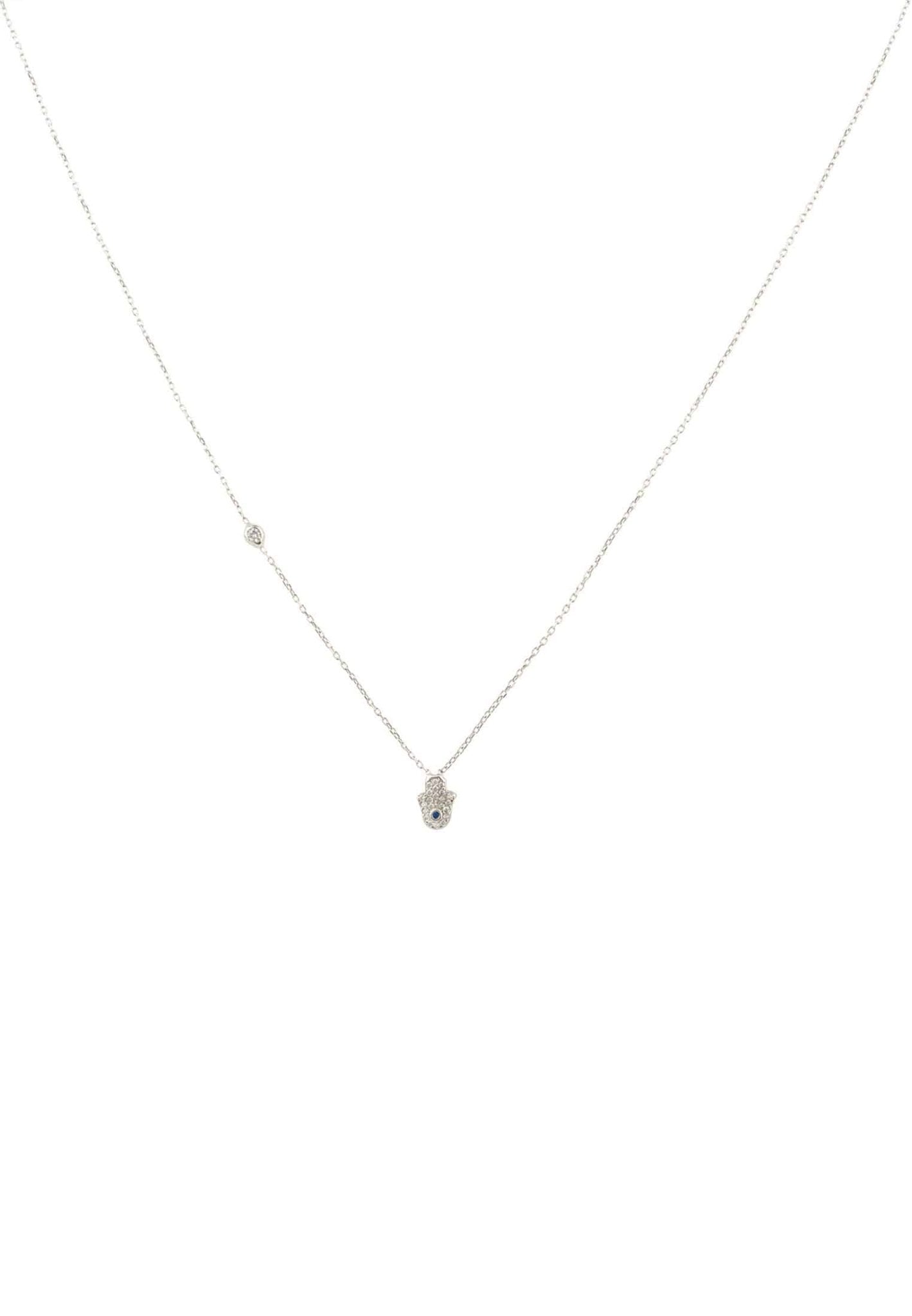 A delicate Hamsa Hand Necklace made of 925 sterling silver, featuring a sparkling cubic zirconia charm, available in gold, rose gold, and rhodium plating.