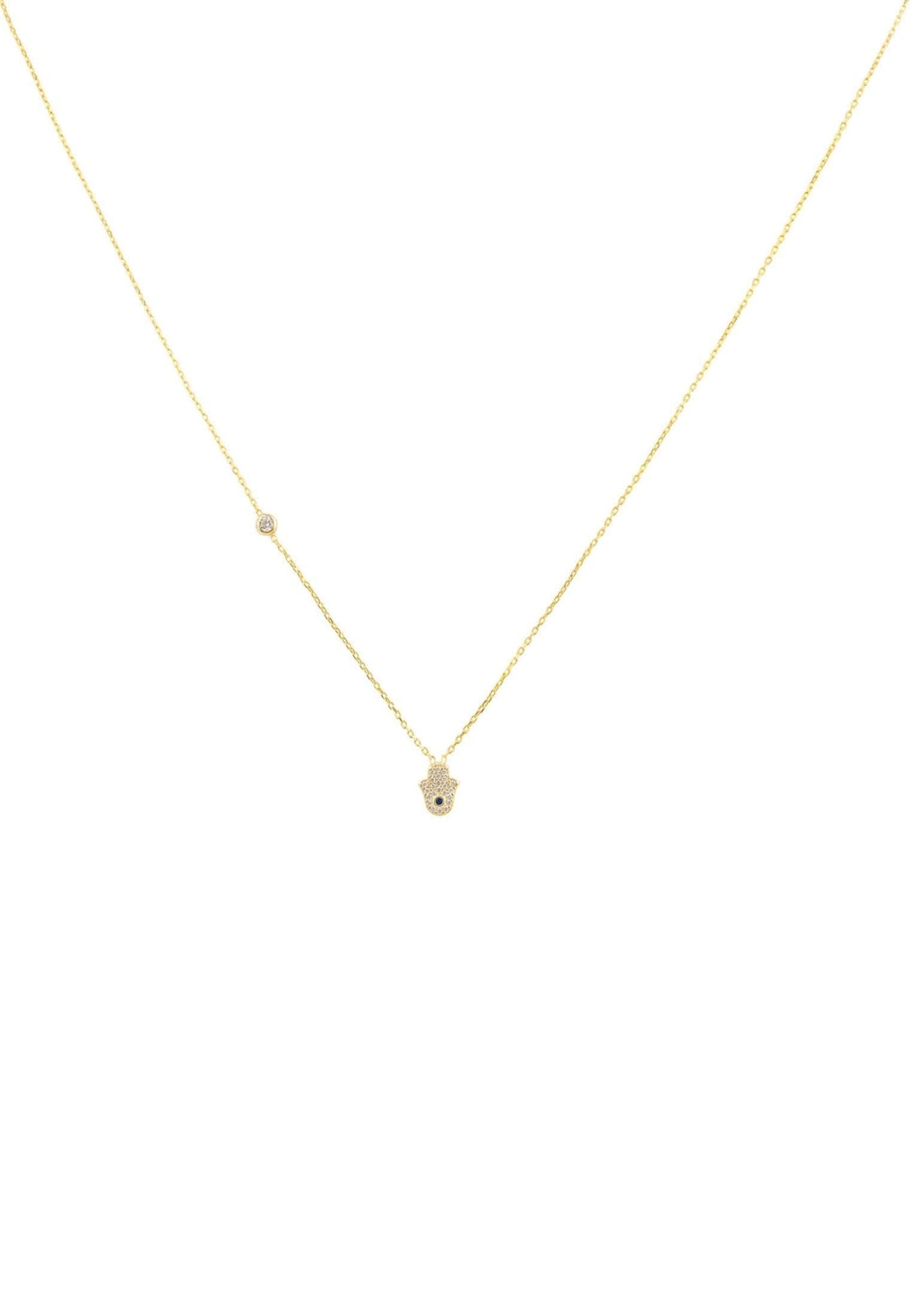 A delicate Hamsa Hand Necklace made of 925 sterling silver, featuring a sparkling cubic zirconia charm, available in gold, rose gold, and rhodium plating.