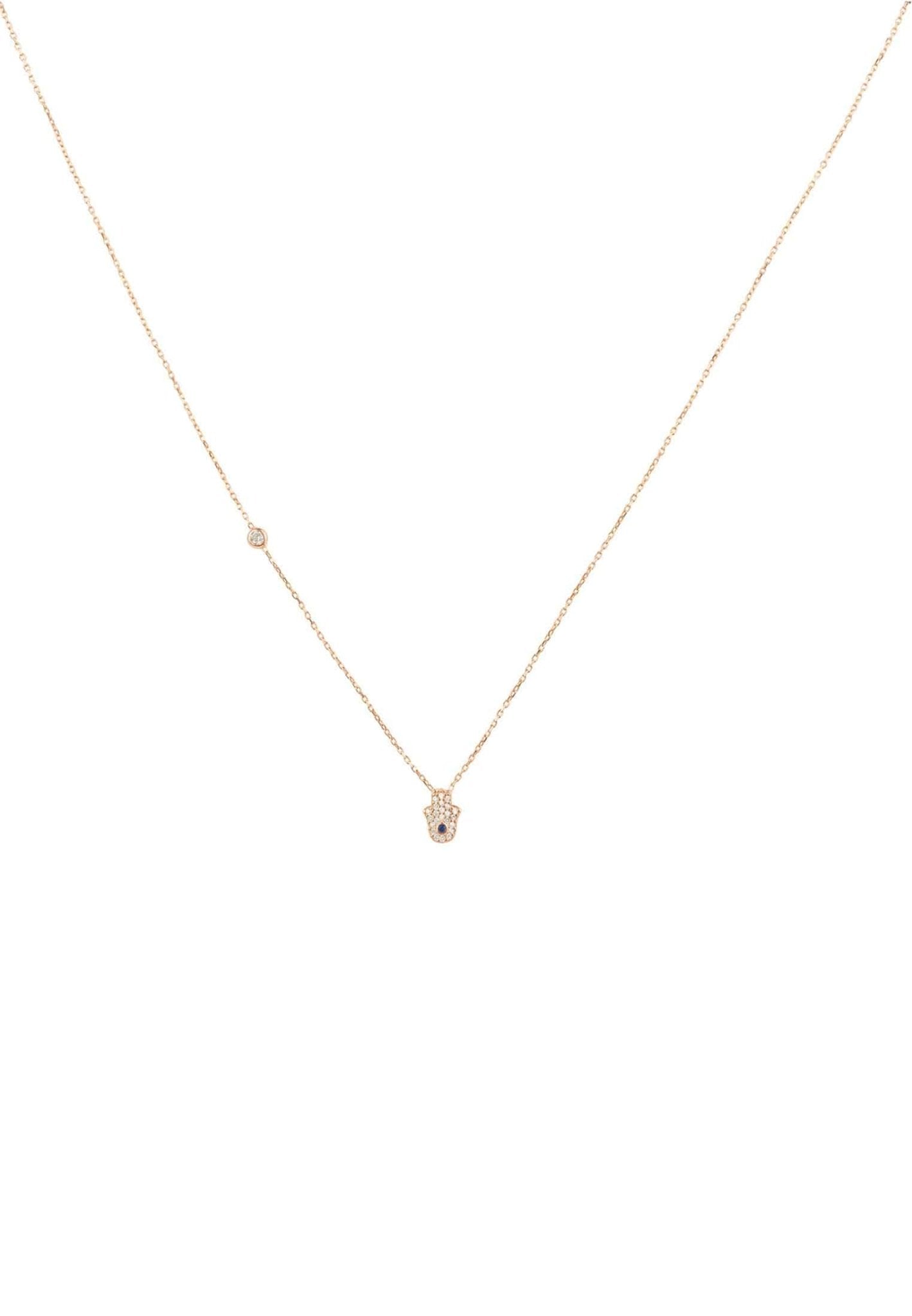 A delicate Hamsa Hand Necklace made of 925 sterling silver, featuring a sparkling cubic zirconia charm, available in gold, rose gold, and rhodium plating.