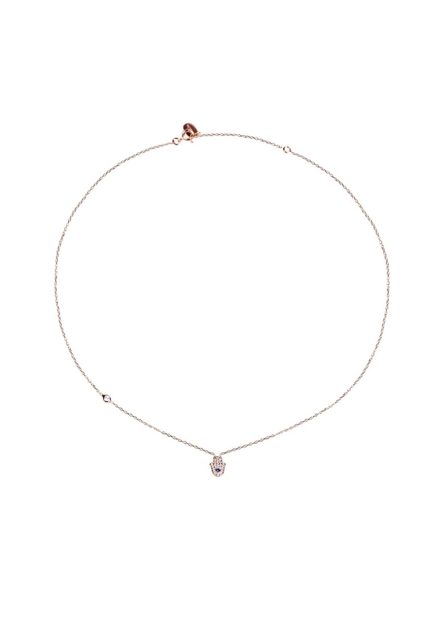 A delicate Hamsa Hand Necklace made of 925 sterling silver, featuring a sparkling cubic zirconia charm, available in gold, rose gold, and rhodium plating.