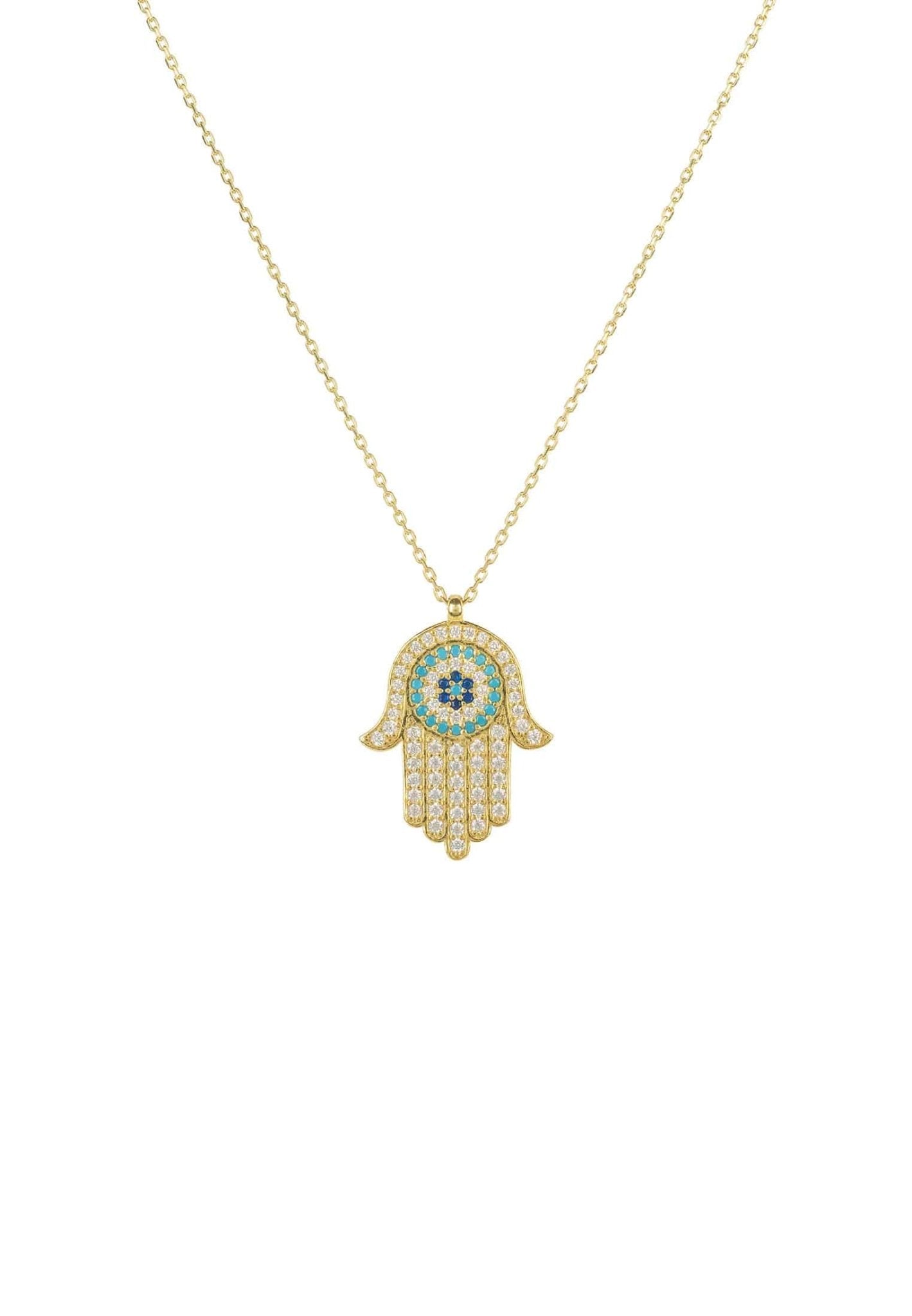 Hamsa Hand With Evil Eye Pendant Necklace in gold, featuring sparkling white and blue zircons.