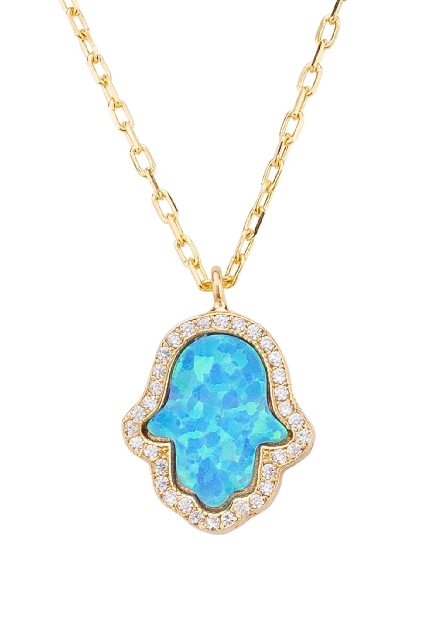 Hamsa Opalite Turquoise Blue Necklace Gold featuring an iridescent opalite gemstone and sparkling zirconia on a 925 sterling silver chain.