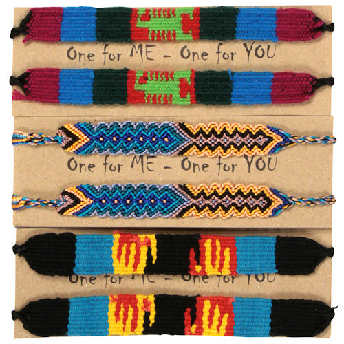 A pair of colorful hand-woven friendship bracelets showcasing intricate patterns and vibrant colors, symbolizing friendship and unity.