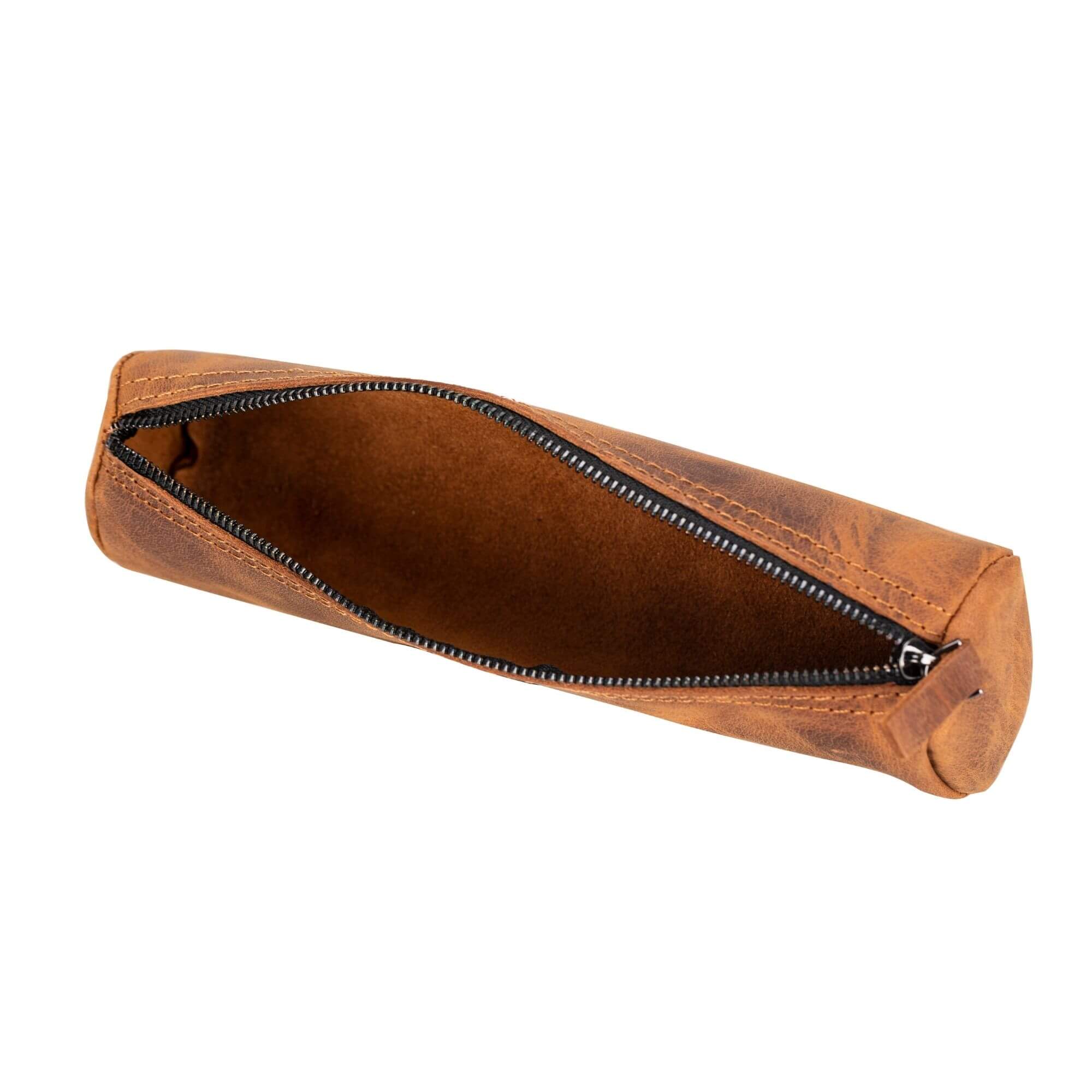 A stylish handmade genuine cow leather pencil case in a classic color, showcasing its high-quality zipper and spacious interior for stationery.