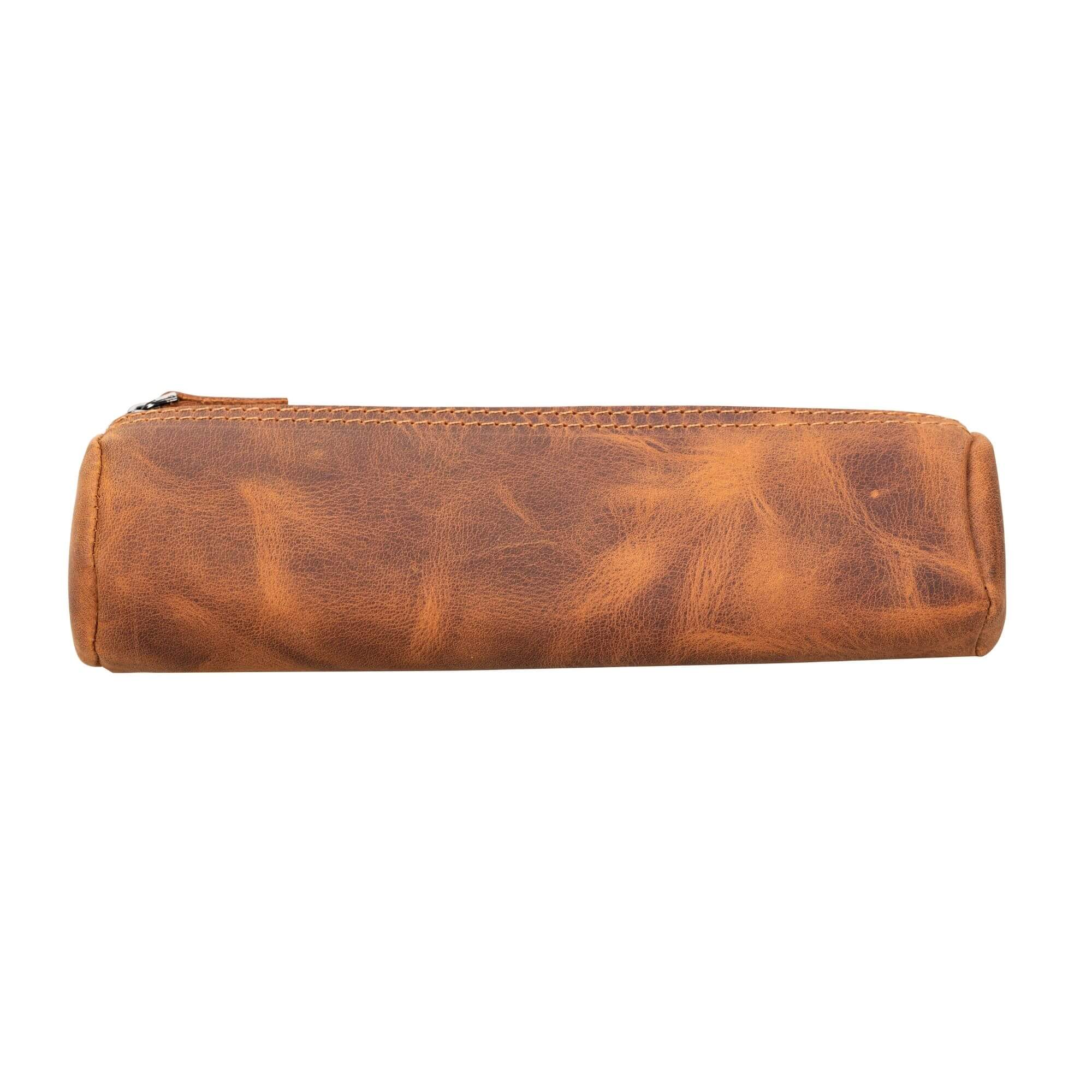 A stylish handmade genuine cow leather pencil case in a classic color, showcasing its high-quality zipper and spacious interior for stationery.