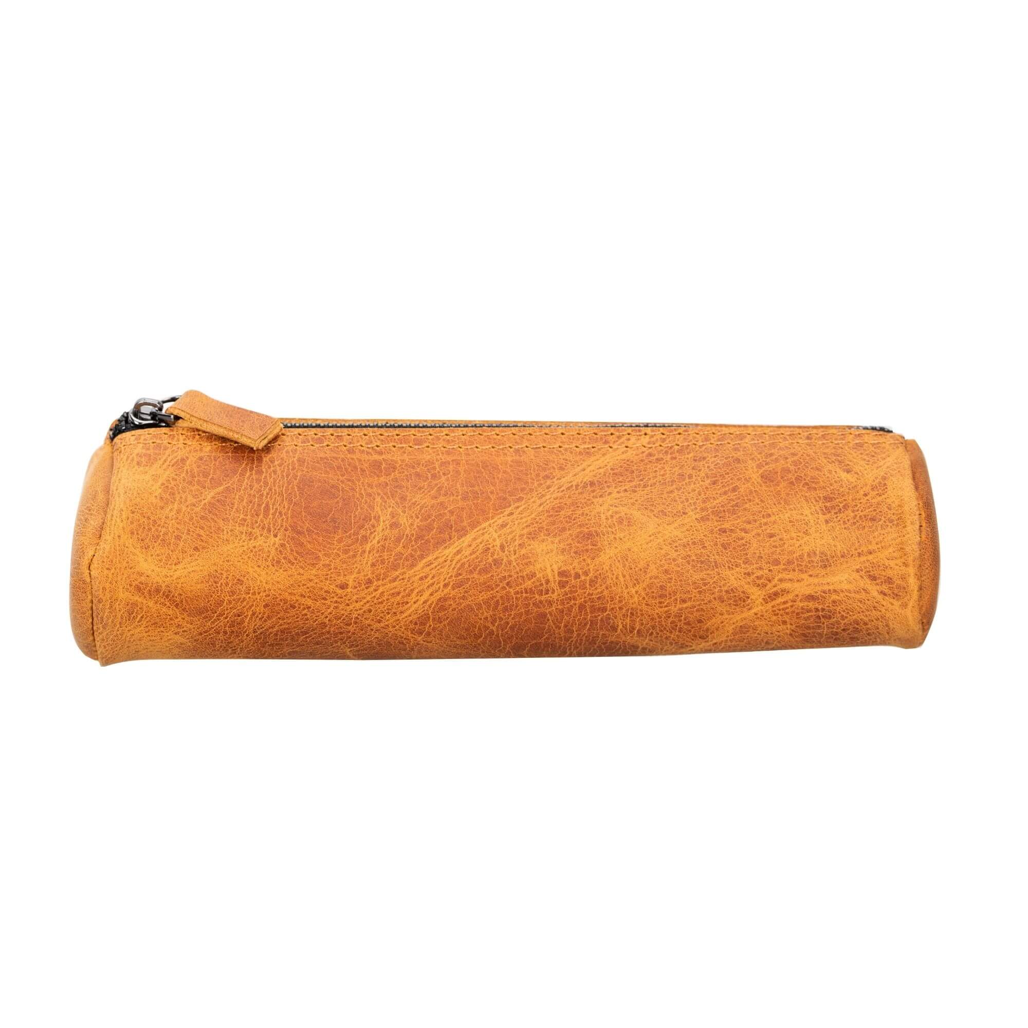 A stylish handmade genuine cow leather pencil case in a classic color, showcasing its high-quality zipper and spacious interior for stationery.