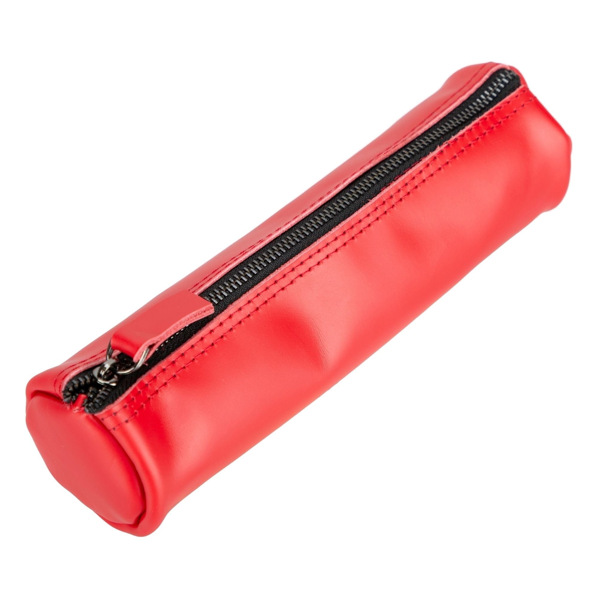 A stylish handmade genuine cow leather pencil case in a classic color, showcasing its high-quality zipper and spacious interior for stationery.