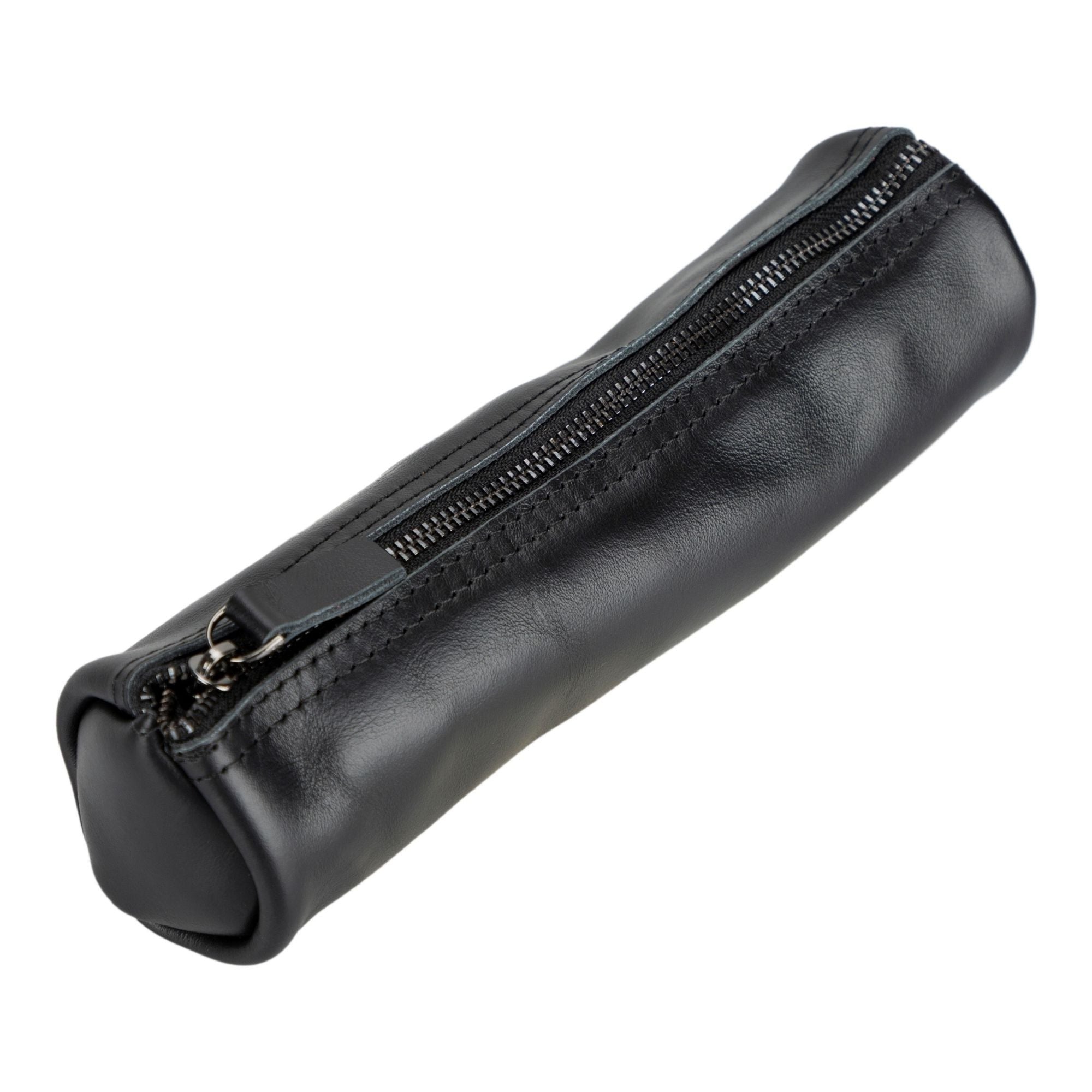 A stylish handmade genuine cow leather pencil case in a classic color, showcasing its high-quality zipper and spacious interior for stationery.