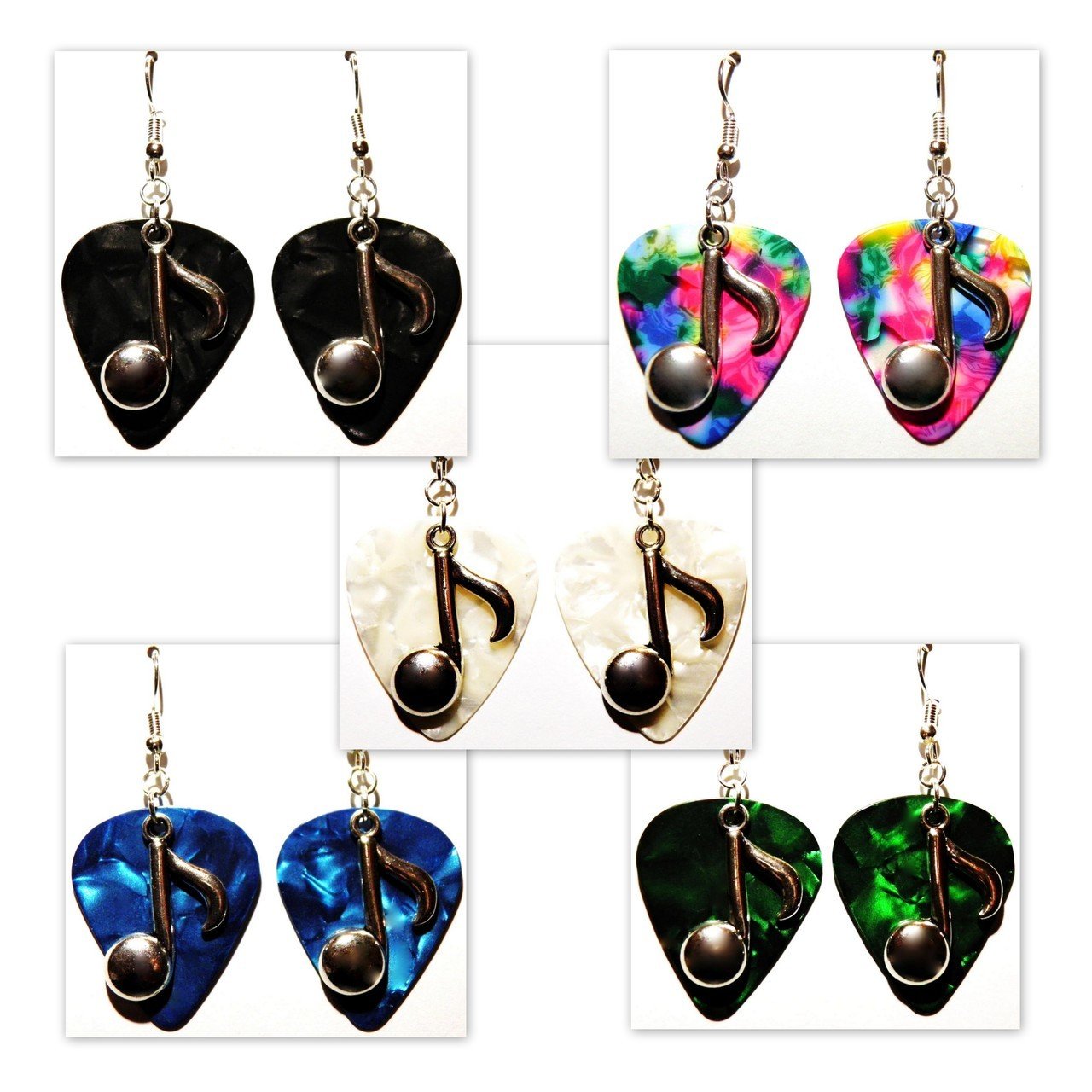 Colorful handmade guitar pick earrings with sterling silver hooks, showcasing a unique design perfect for music lovers.