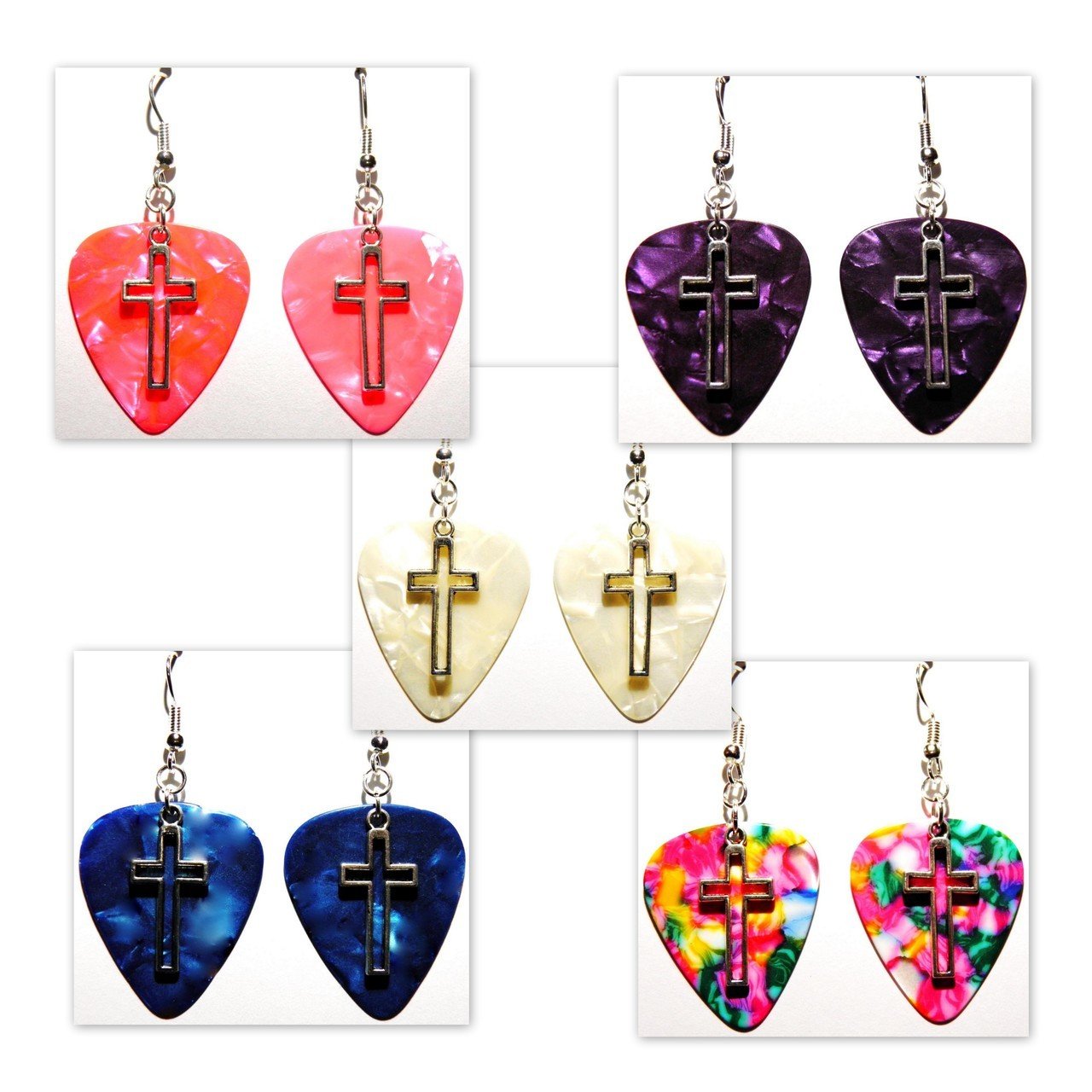 Colorful handmade guitar pick earrings with sterling silver hooks, showcasing a unique and fun design perfect for music lovers.