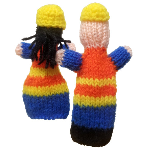 Colorful handwoven finger puppets representing various professions, crafted by artisans in Peru.