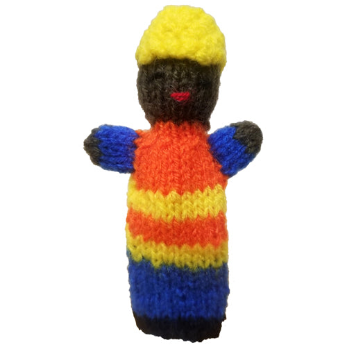 Colorful handwoven finger puppets representing various professions, crafted by artisans in Peru.