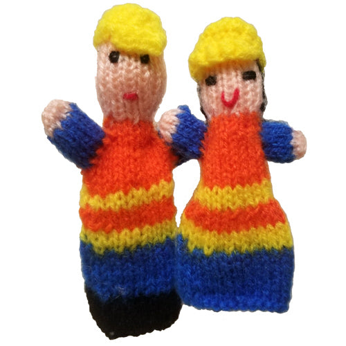 Colorful handwoven finger puppets representing various professions, crafted by artisans in Peru.