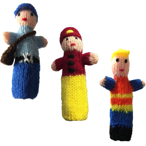 Colorful handwoven finger puppets representing various professions, crafted by artisans in Peru.