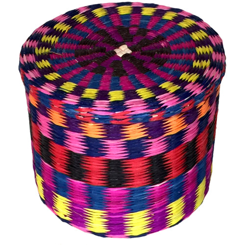 Handwoven Round Box made from Toquilla fiber, featuring a colorful rainbow design, perfect for storage or decoration.