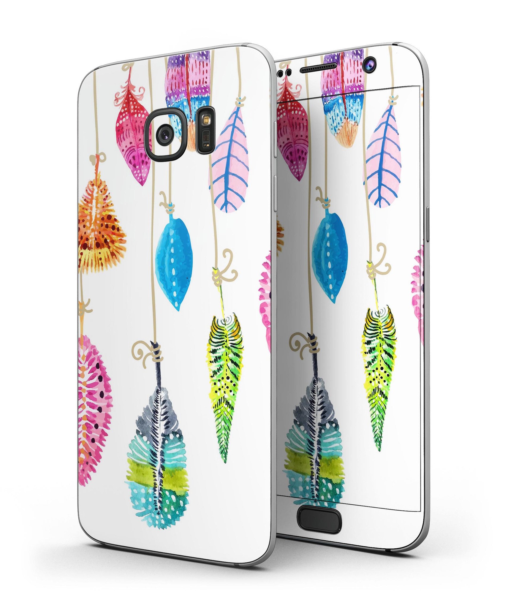 Hanging Feathers Full Body Skin-Kit for Samsung Galaxy S7 and S7 Edge, showcasing vibrant feather design on a sleek device.