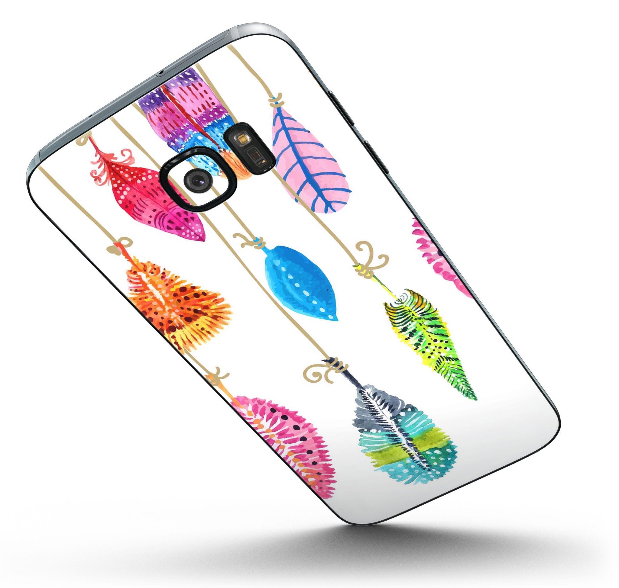 Hanging Feathers Full Body Skin-Kit for Samsung Galaxy S7 and S7 Edge, showcasing vibrant feather design on a sleek device.