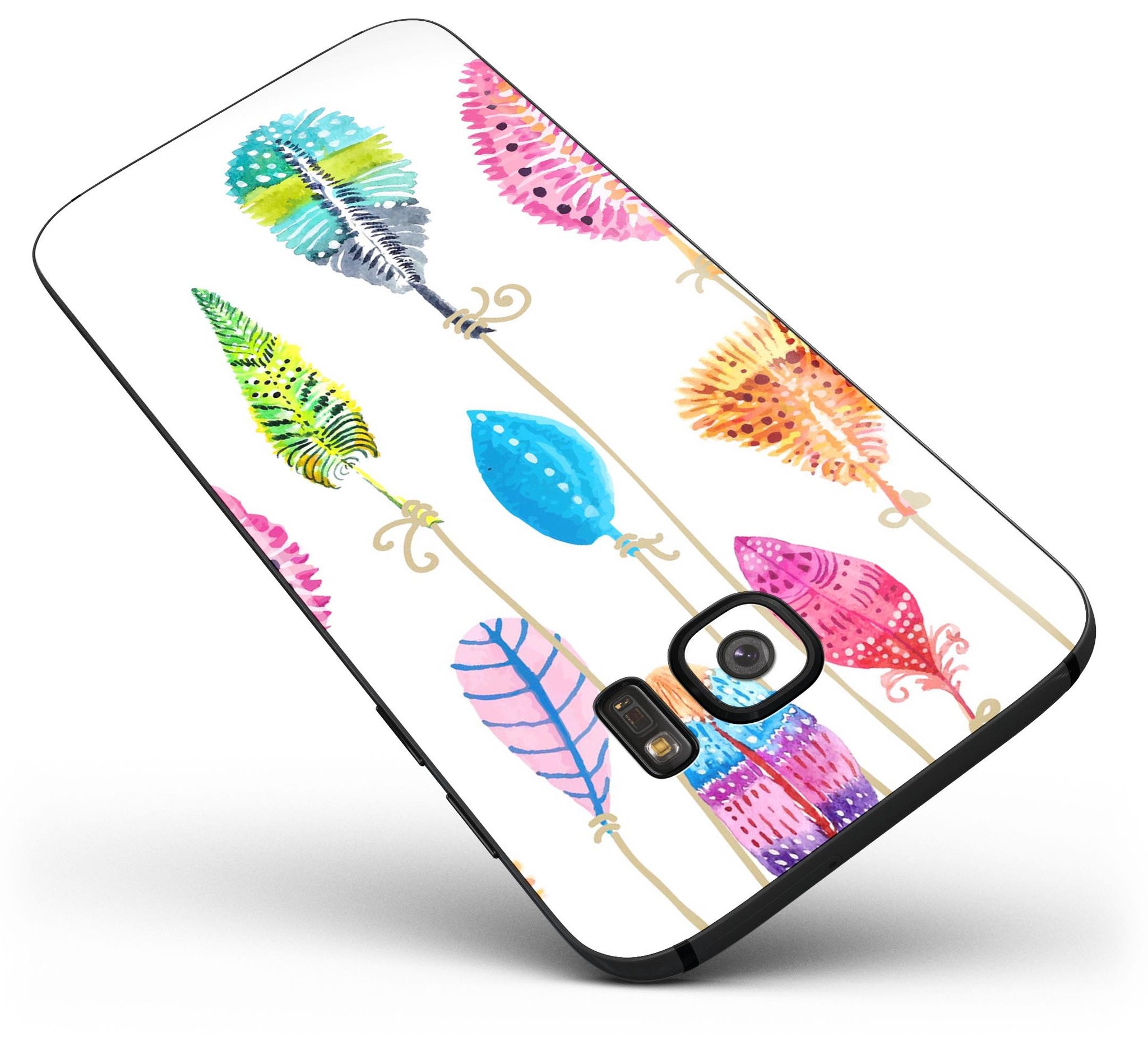 Hanging Feathers Full Body Skin-Kit for Samsung Galaxy S7 and S7 Edge, showcasing vibrant feather design on a sleek device.