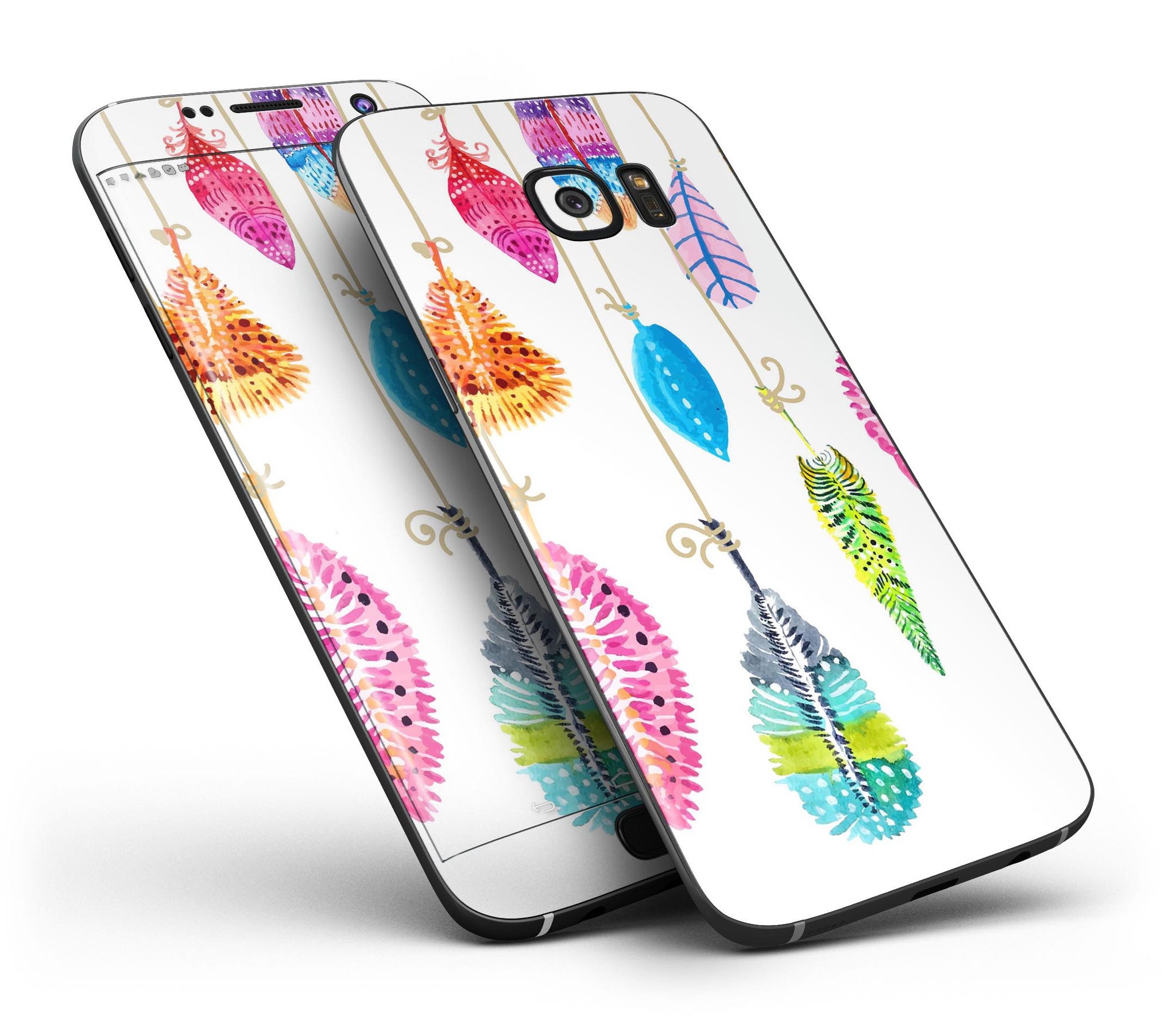 Hanging Feathers Full Body Skin-Kit for Samsung Galaxy S7 and S7 Edge, showcasing vibrant feather design on a sleek device.