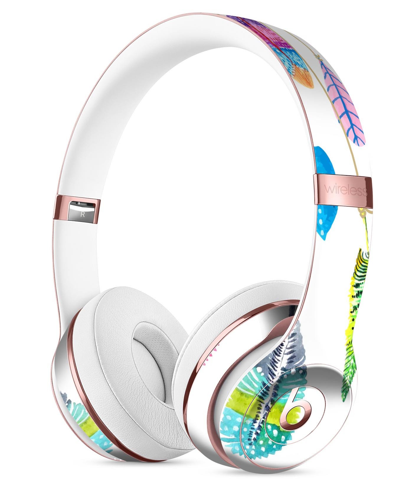 Hanging Feathers Full-Body Skin Kit for Beats by Dre Solo 3, showcasing vibrant feather design on headphones.