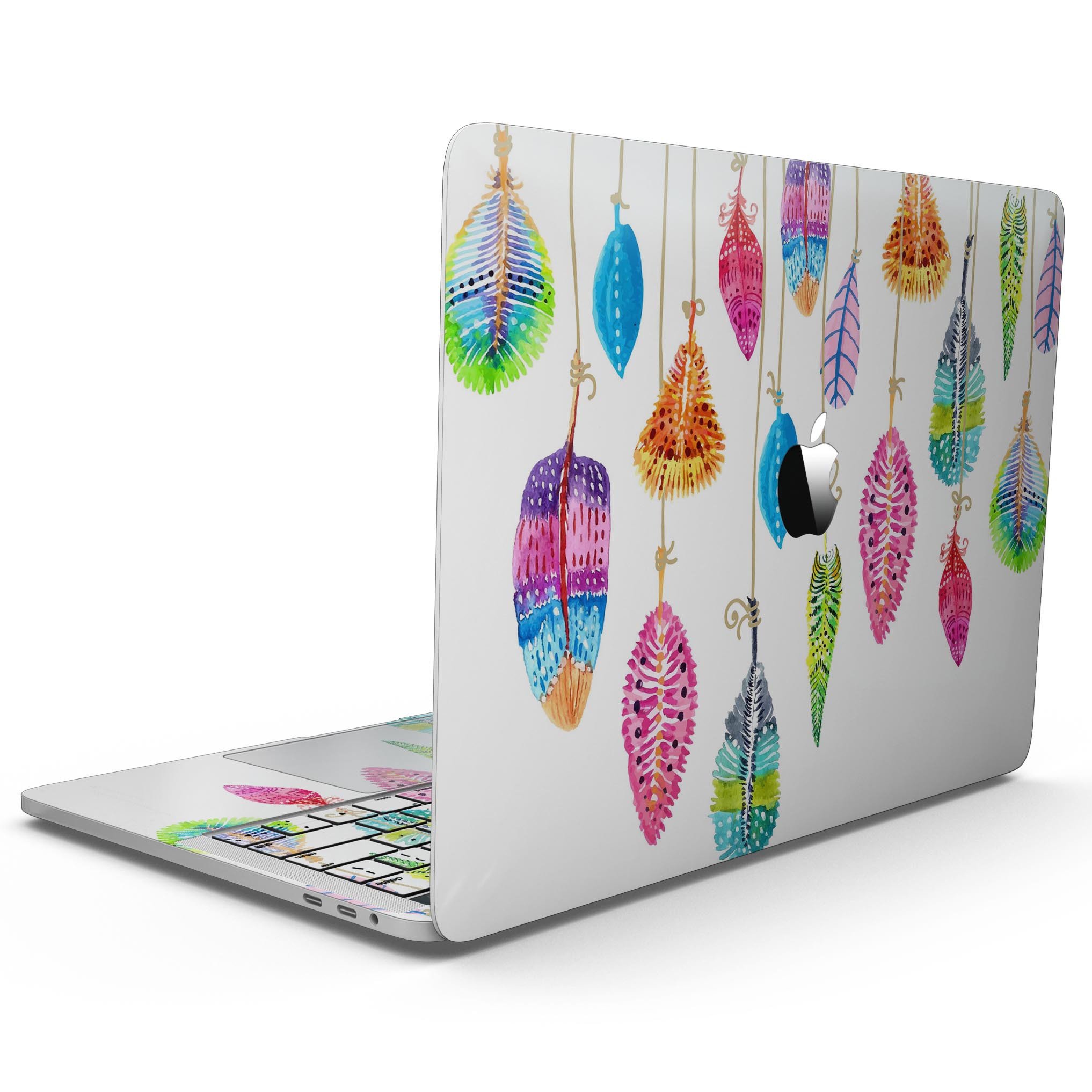 Hanging Feathers skin kit for MacBook Pro with Touch Bar, showcasing vibrant feather design on premium vinyl material.