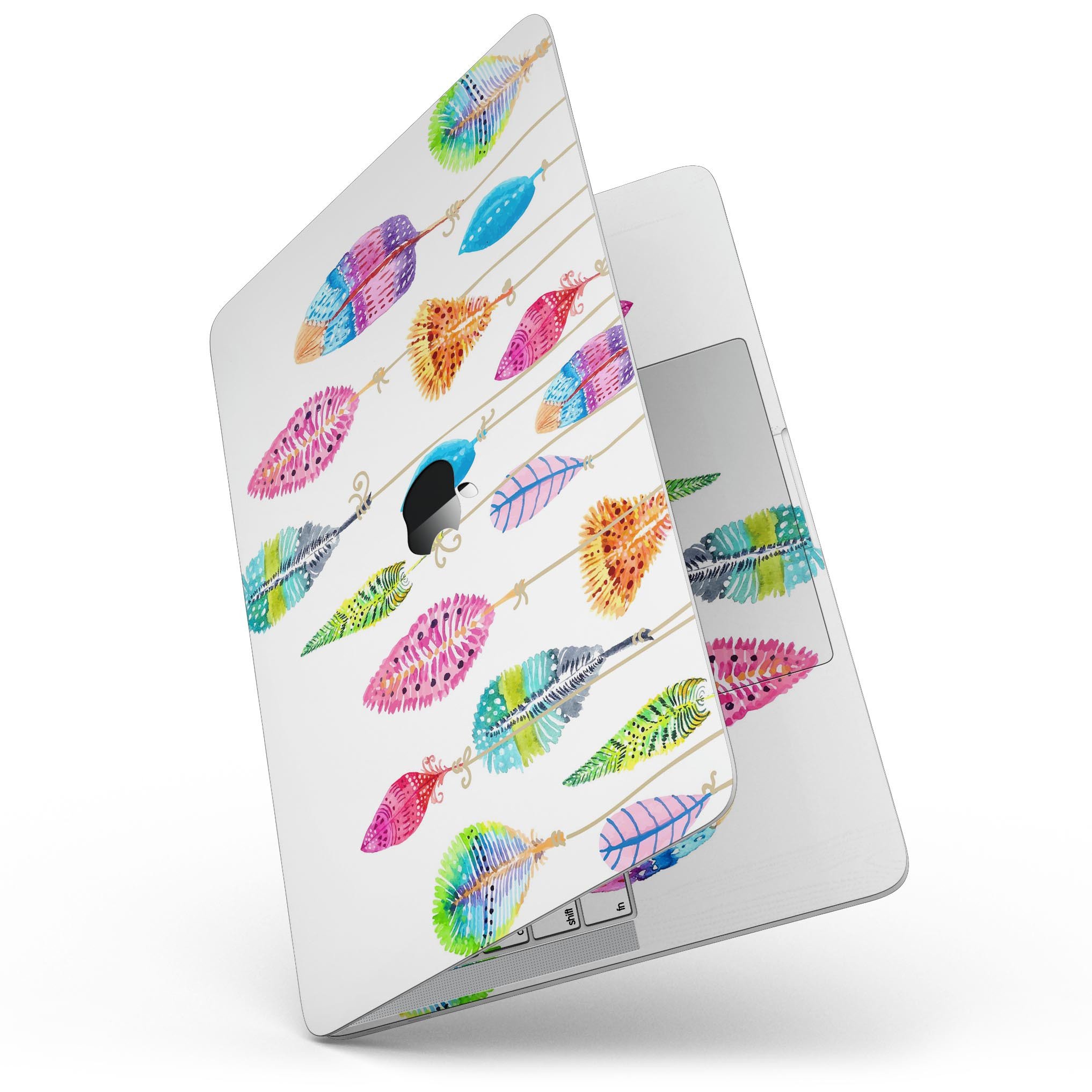 Hanging Feathers skin kit for MacBook Pro with Touch Bar, showcasing vibrant feather design on premium vinyl material.