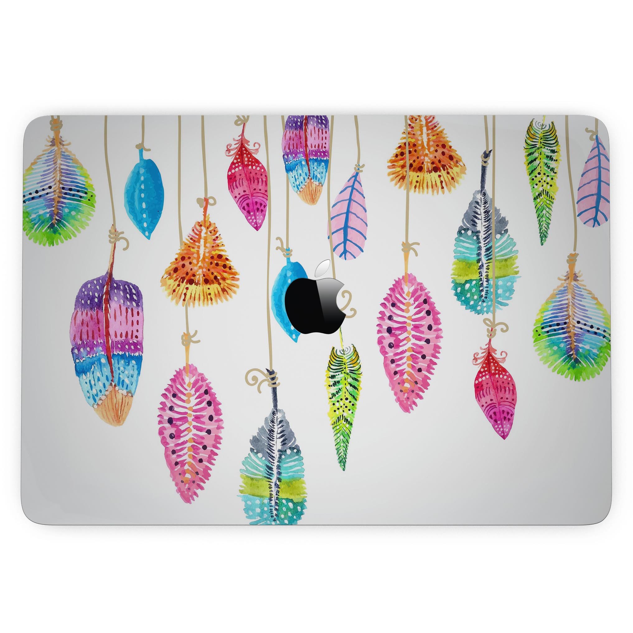 Hanging Feathers skin kit for MacBook Pro with Touch Bar, showcasing vibrant feather design on premium vinyl material.