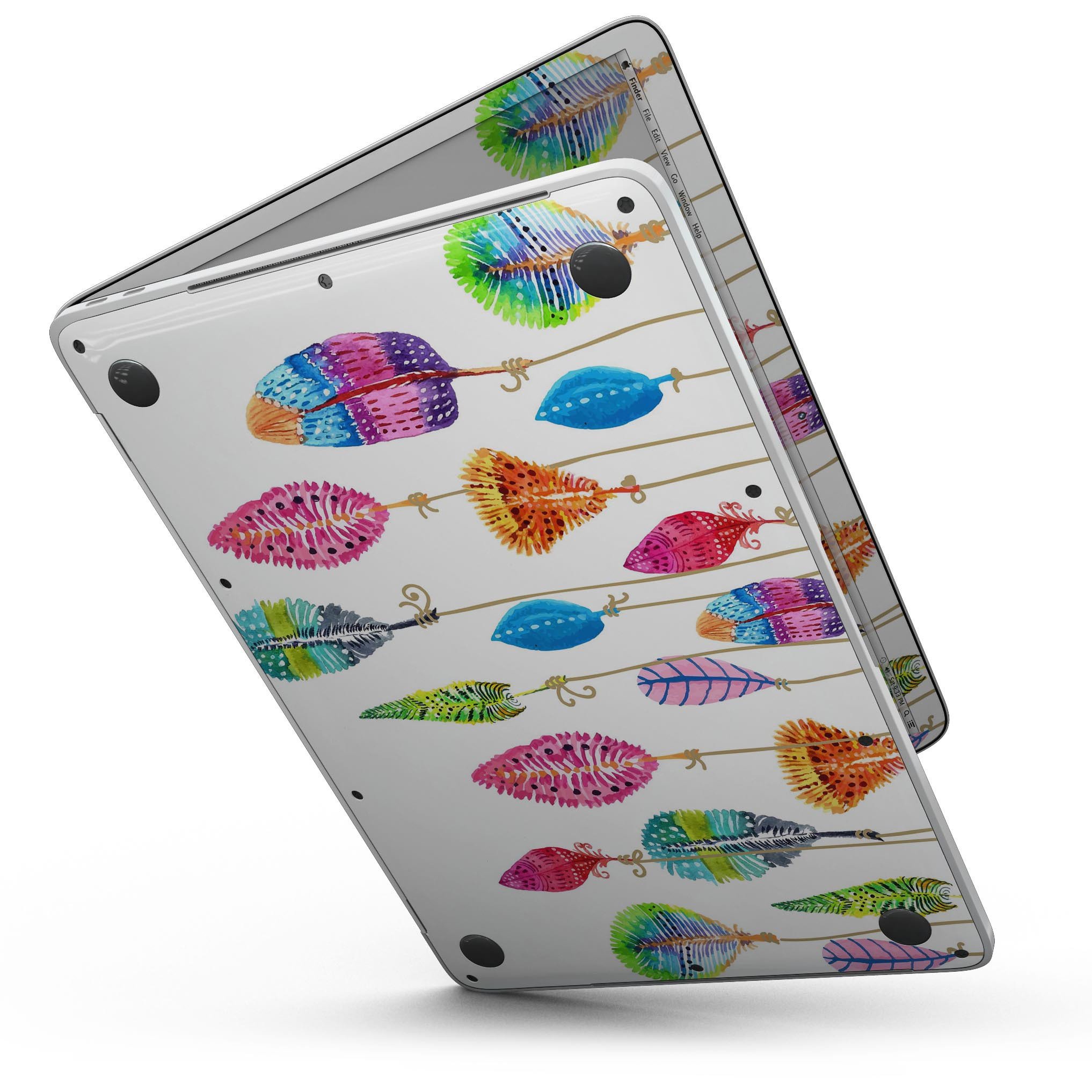 Hanging Feathers skin kit for MacBook Pro with Touch Bar, showcasing vibrant feather design on premium vinyl material.